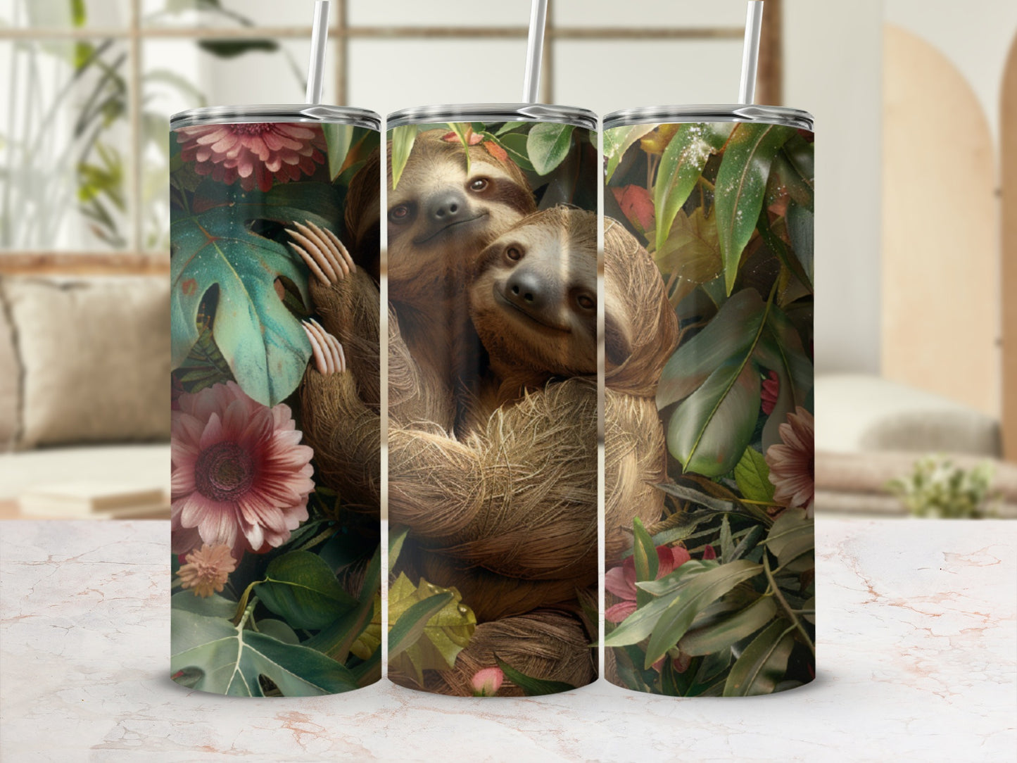 Three tumblers featuring sloths embracing amongst tropical flowers and leaves.
