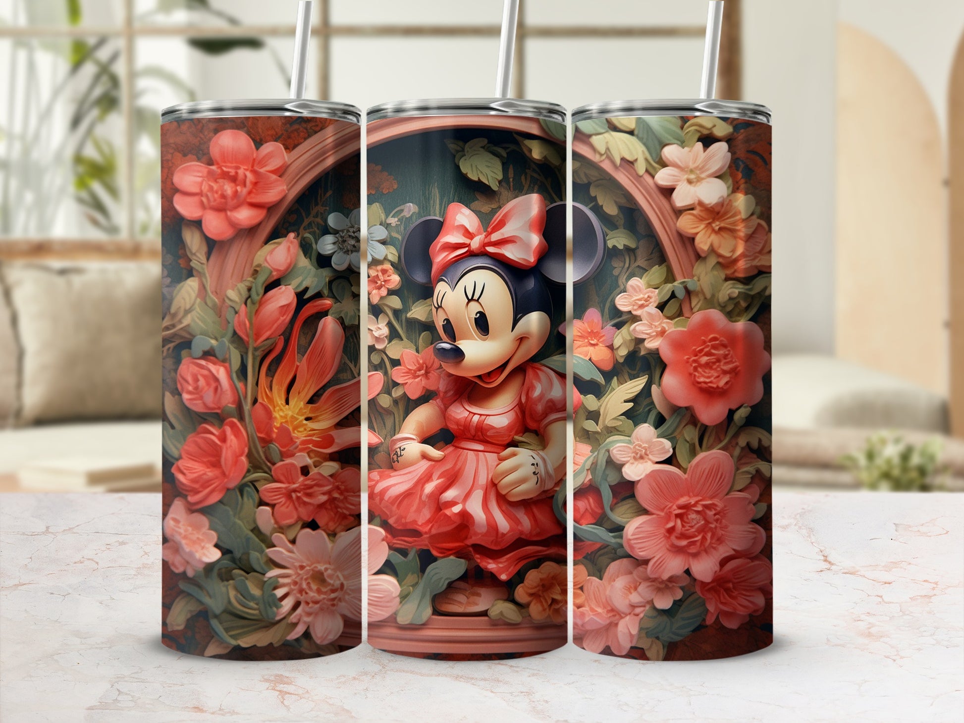 Minnie Mouse surrounded with floral pattern tumbler