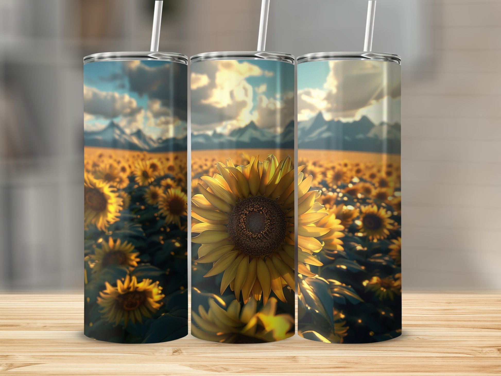 Field of sunflowers under a bright, cloudy sky.