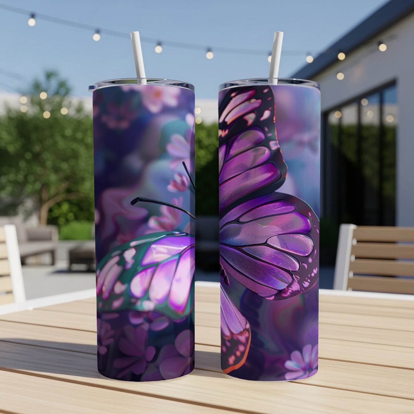 Two tumblers featuring a purple butterfly and floral pattern.