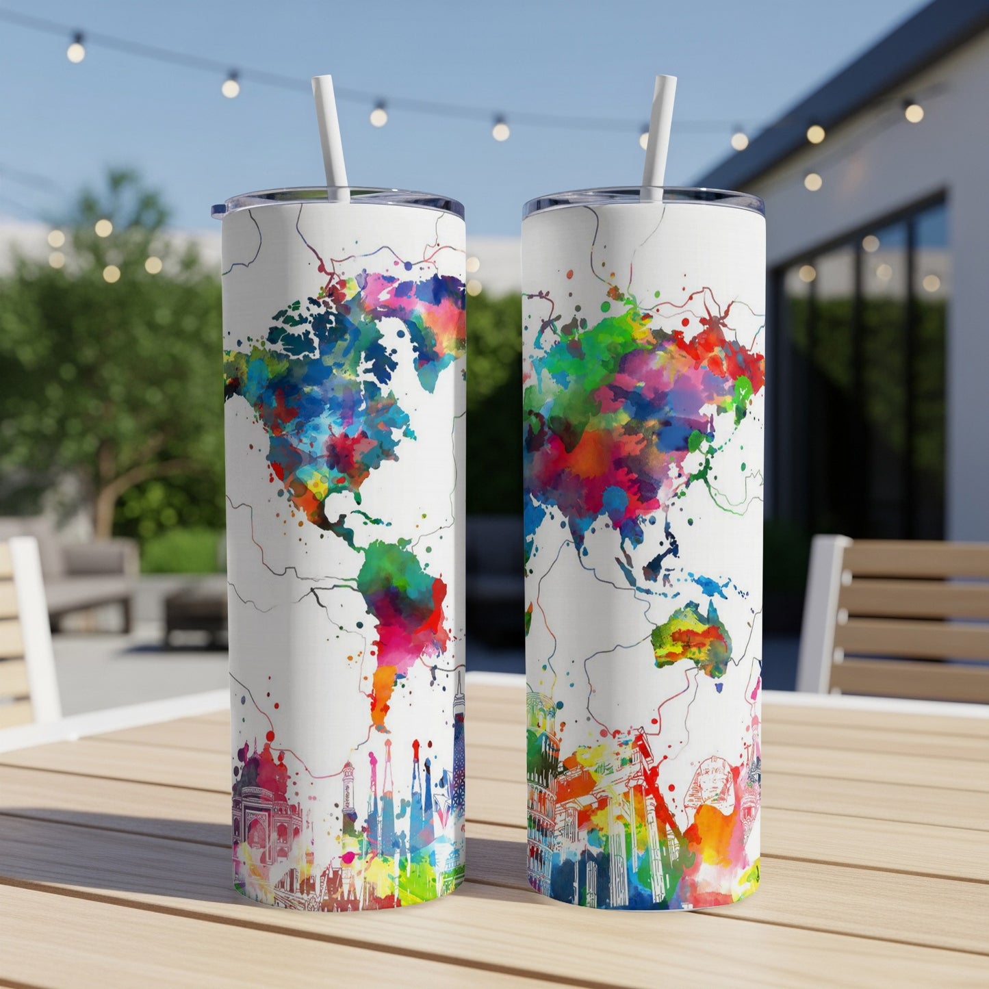 Two white tumblers with colorful world map and city skyline designs.
