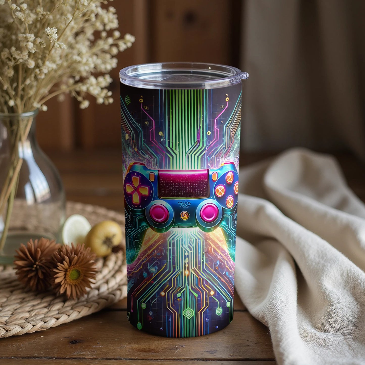 Neon Circuit Gaming Controller Design Tumbler
