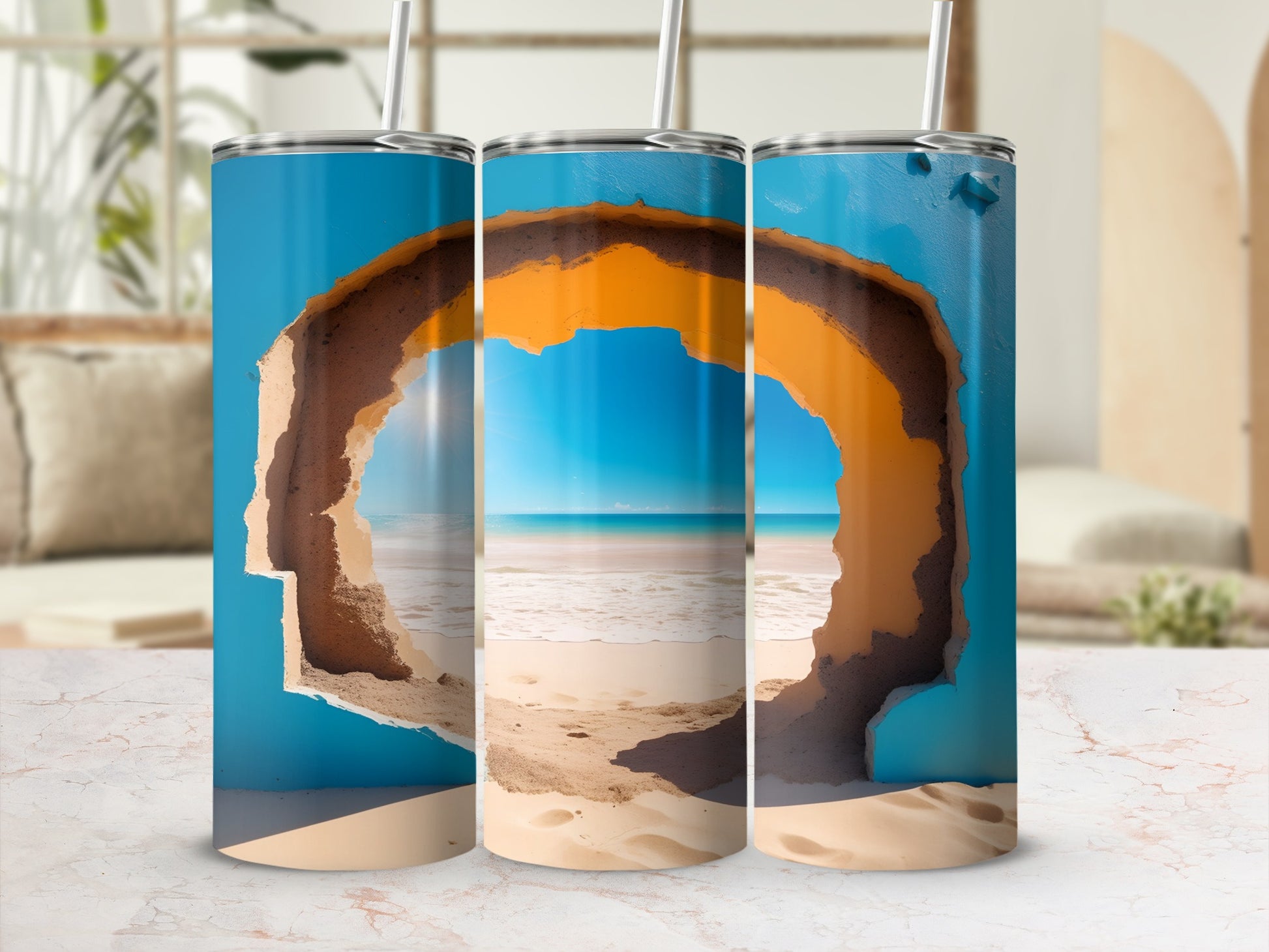 Triptych of tumblers featuring a beach scene through a rough, sandy opening.