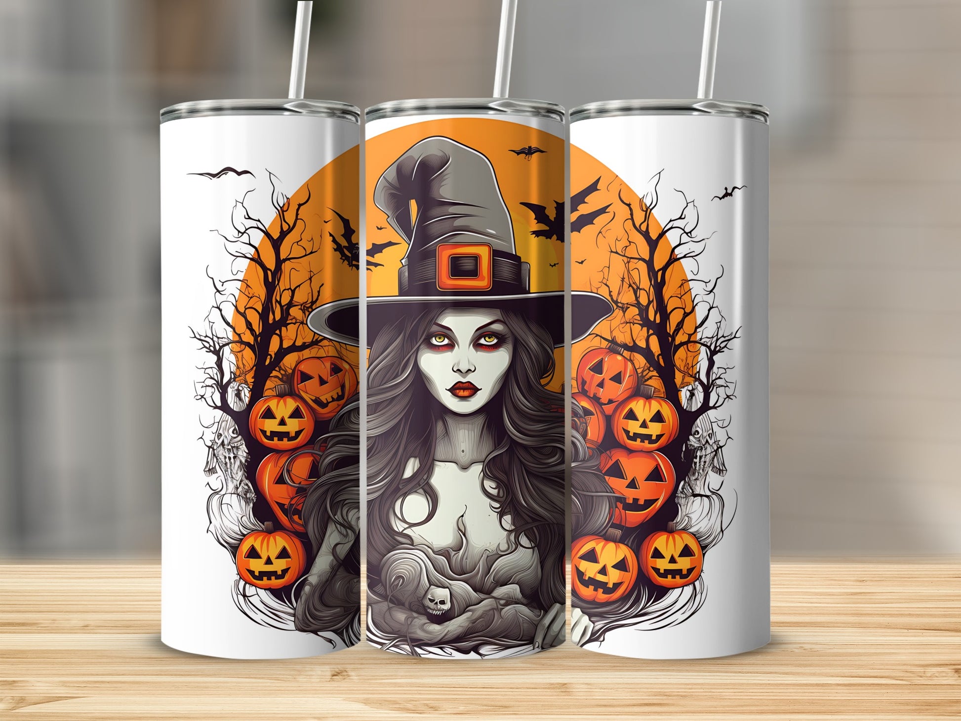 Tumbler with witch, pumpkins, bats, and trees against an orange moon backdrop.