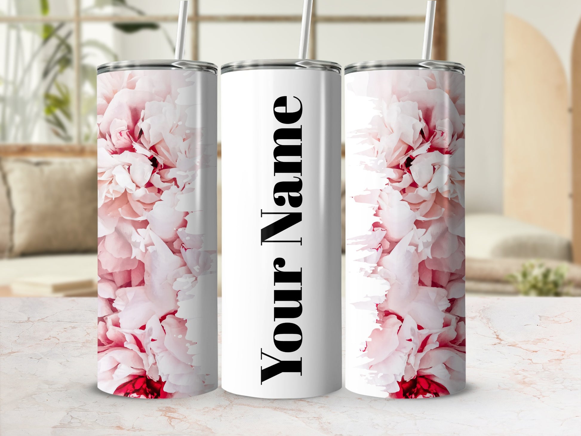 Custom Pink Peony Design Personalized Tumbler