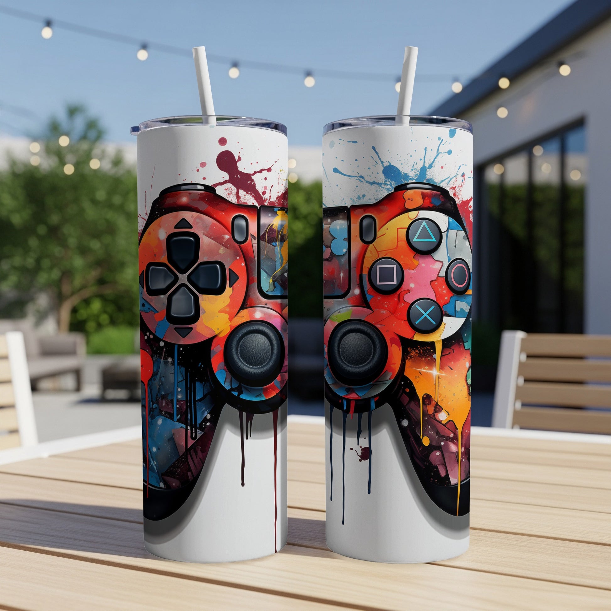 Two tumblers featuring a colorful, abstract video game controller design.