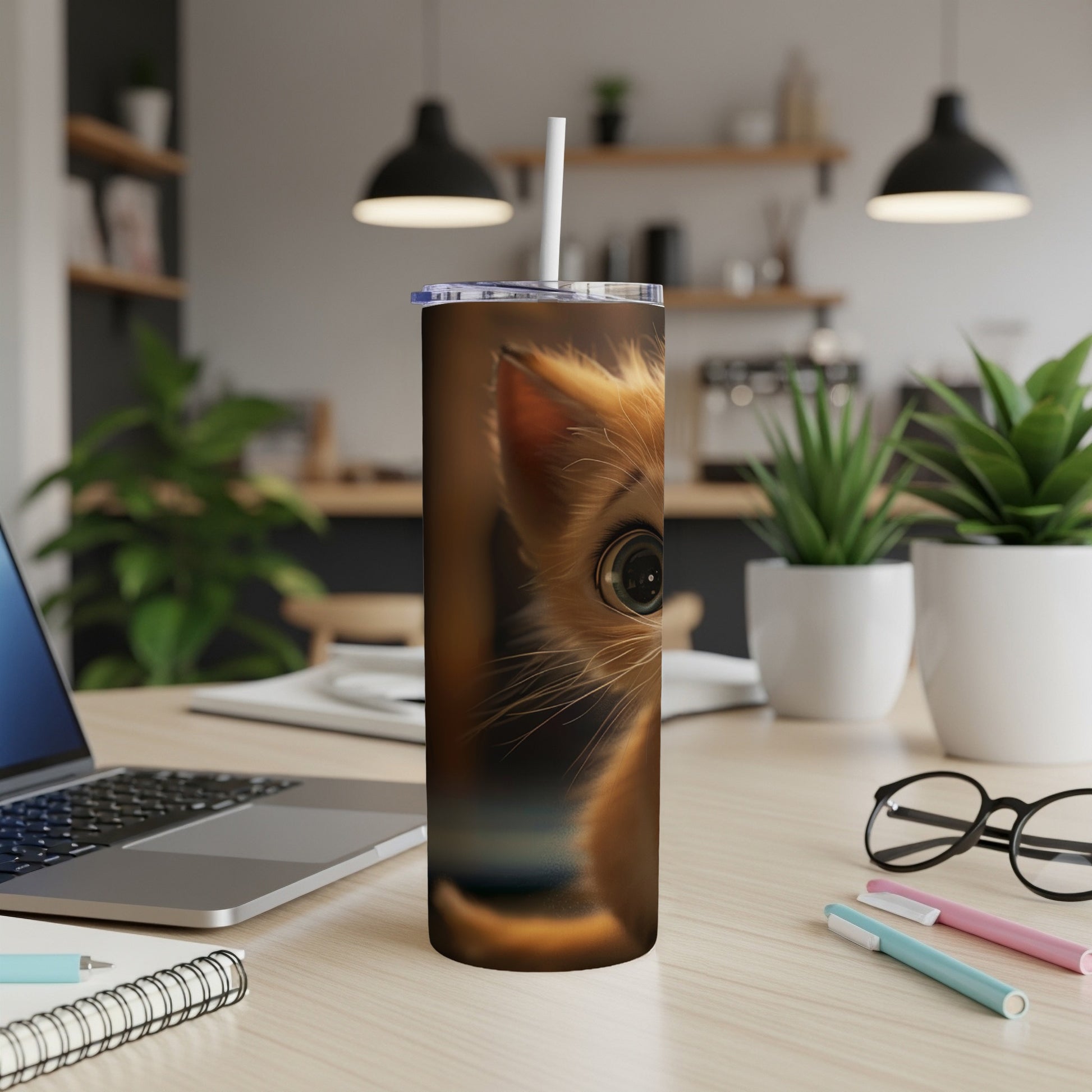 Orange tabby kitten peeking out from a tumbler on a desk.