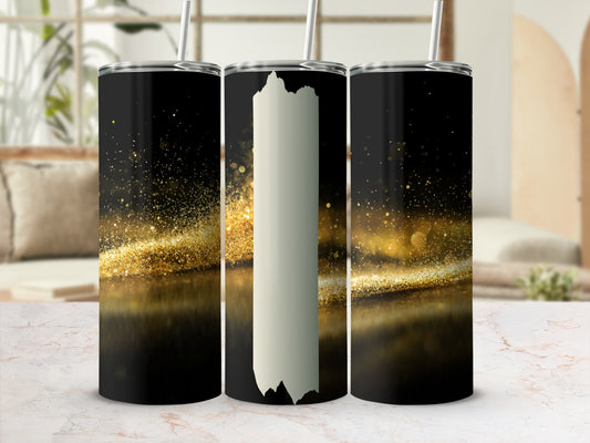 Black tumbler with gold glitter, front and side views.