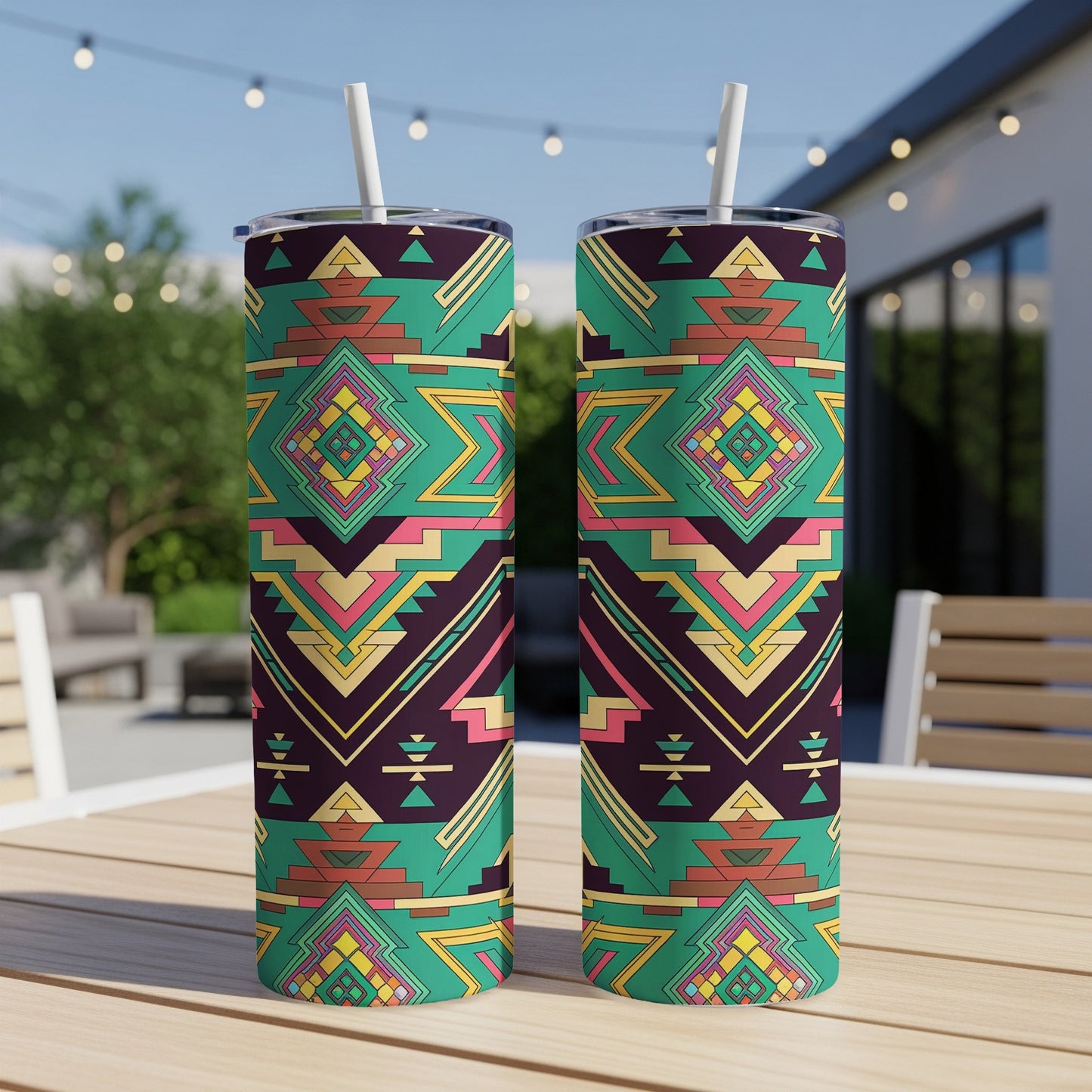 Two tall tumblers with geometric Southwestern-inspired patterns sit on a wooden table.