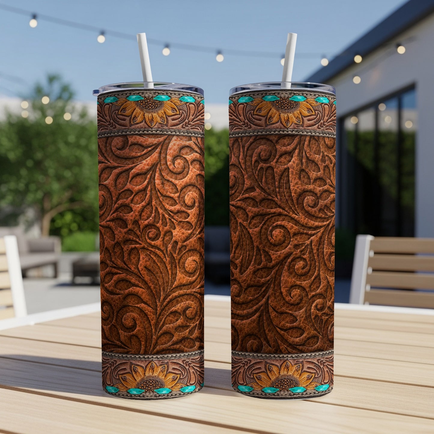 Two tall tumblers with brown tooled leather pattern and sunflower accents.