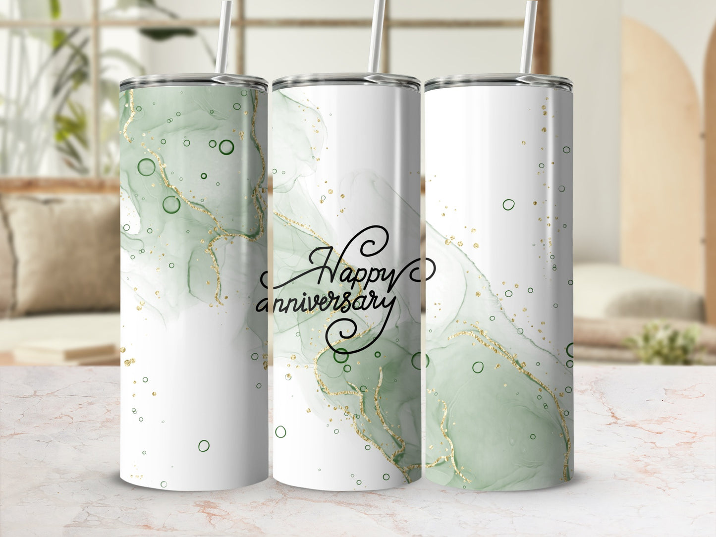 Green and gold abstract marble pattern tumbler with "Happy anniversary" text.
