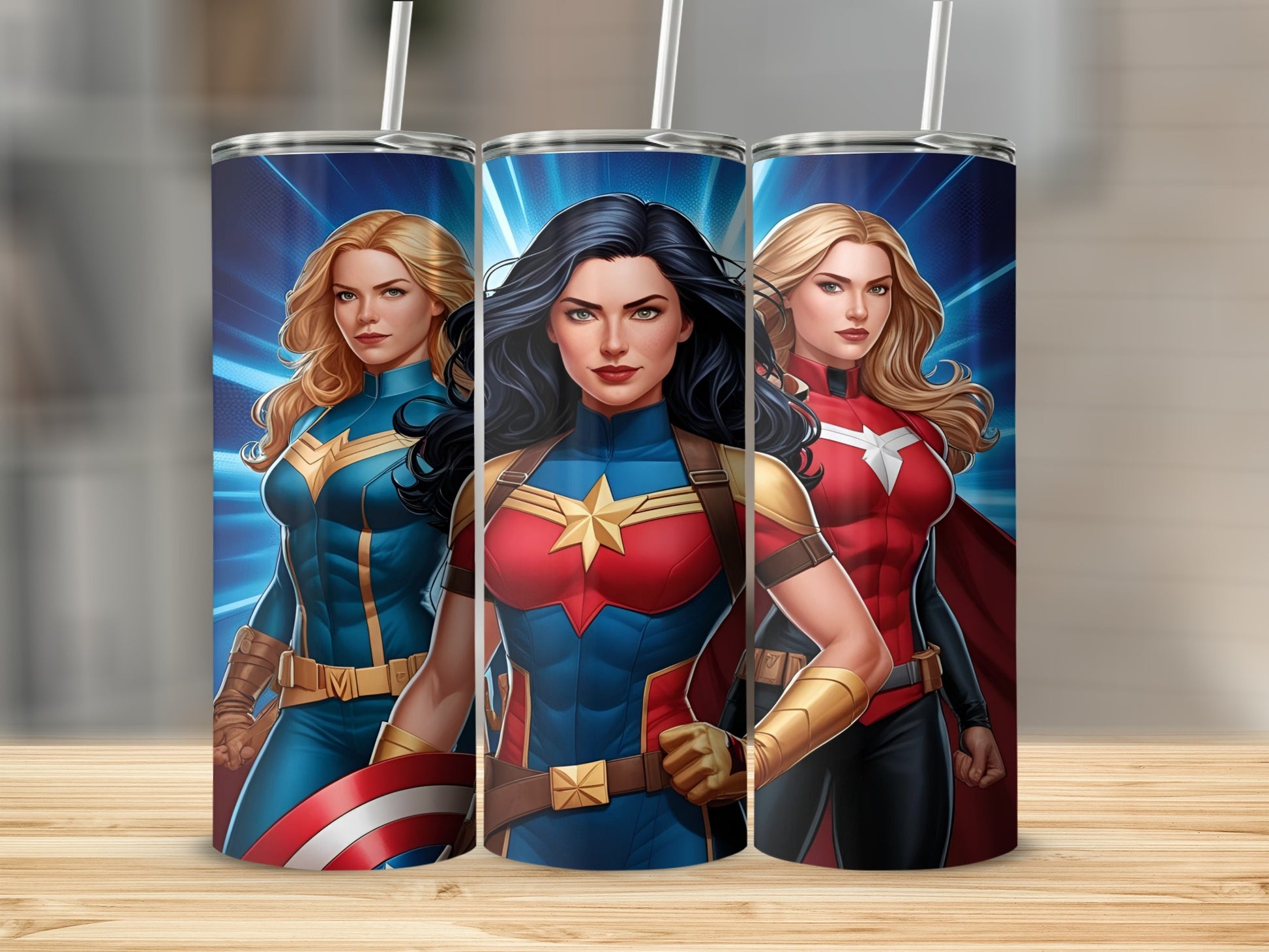 Three female superheroes with capes and shields, standing against a starry background.