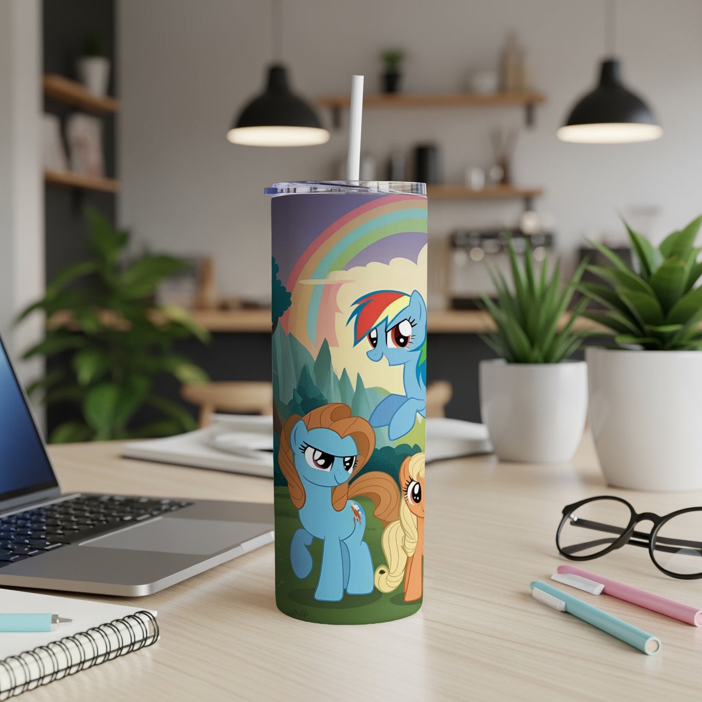 My Little Pony characters Rainbow Dash, Fluttershy, and Pinkie Pie on a tumbler.