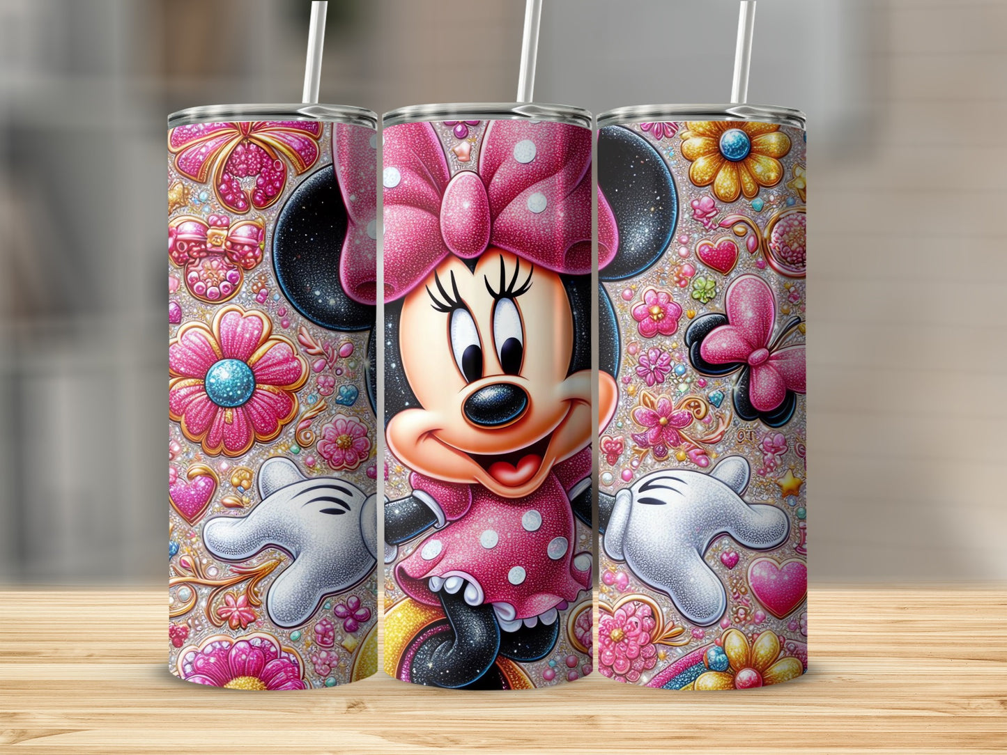 Glitter Minnie Mouse Floral Themed Tumbler Cup