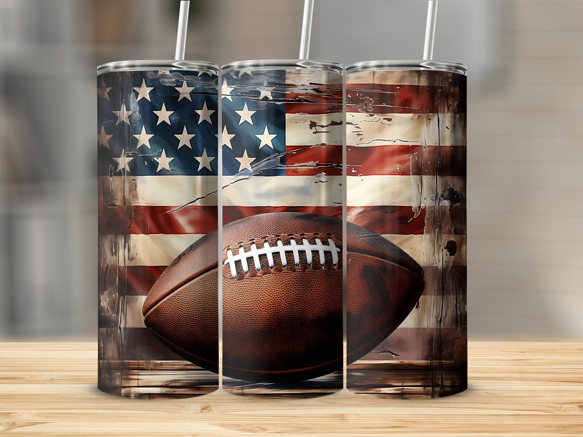 Three tumblers featuring American flag and football imagery, with straws.