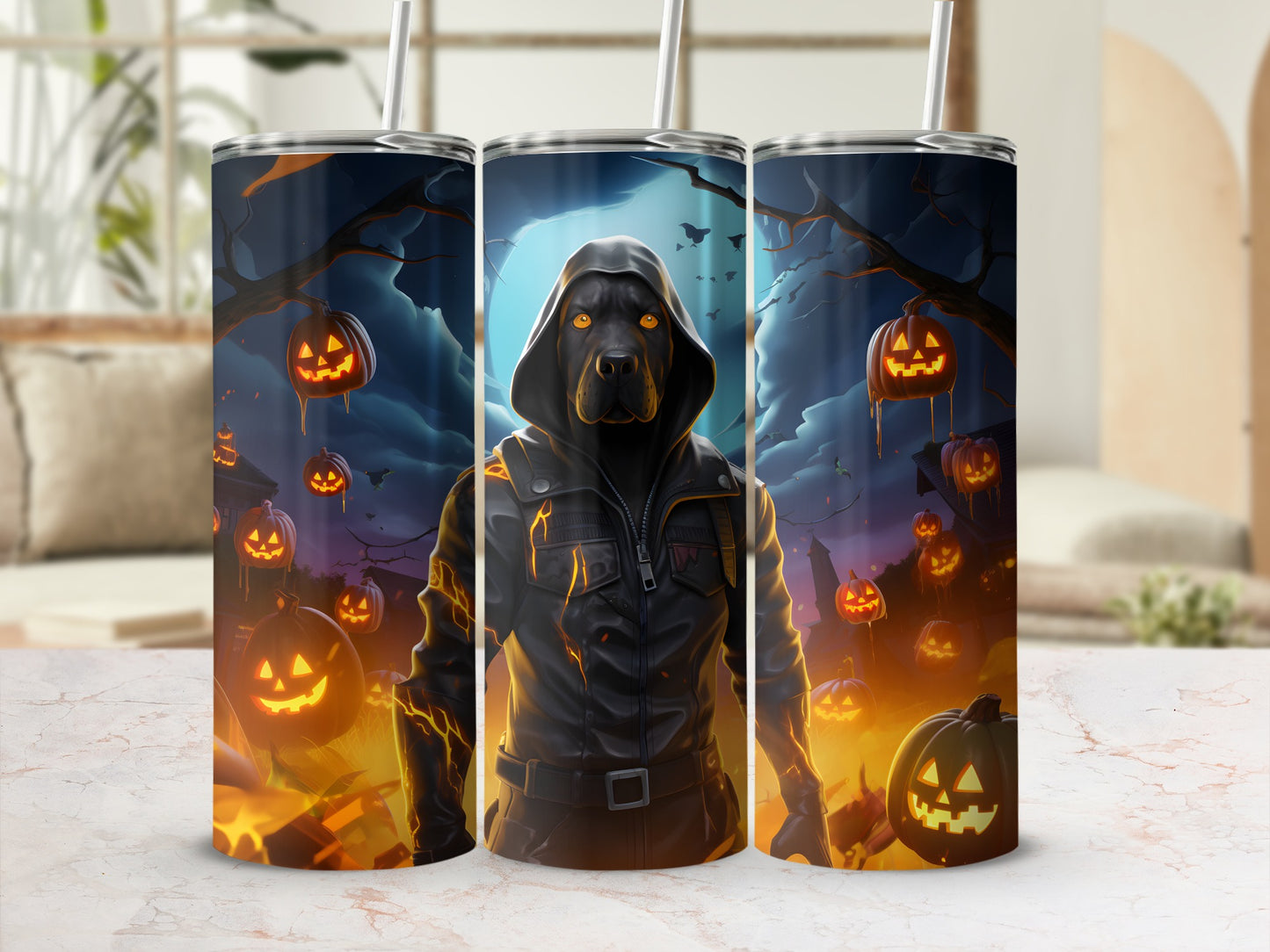 Halloween tumbler featuring a dog in a jacket and glowing pumpkins on a dark night.