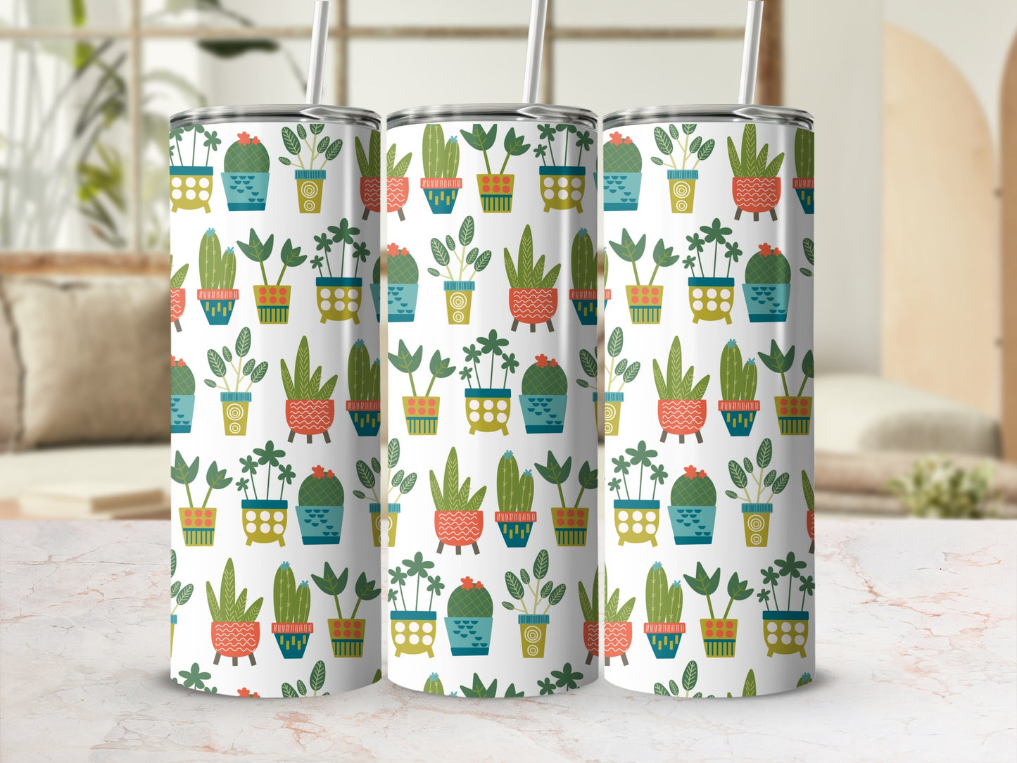 Three tumblers with a repeating pattern of potted cacti and plants.