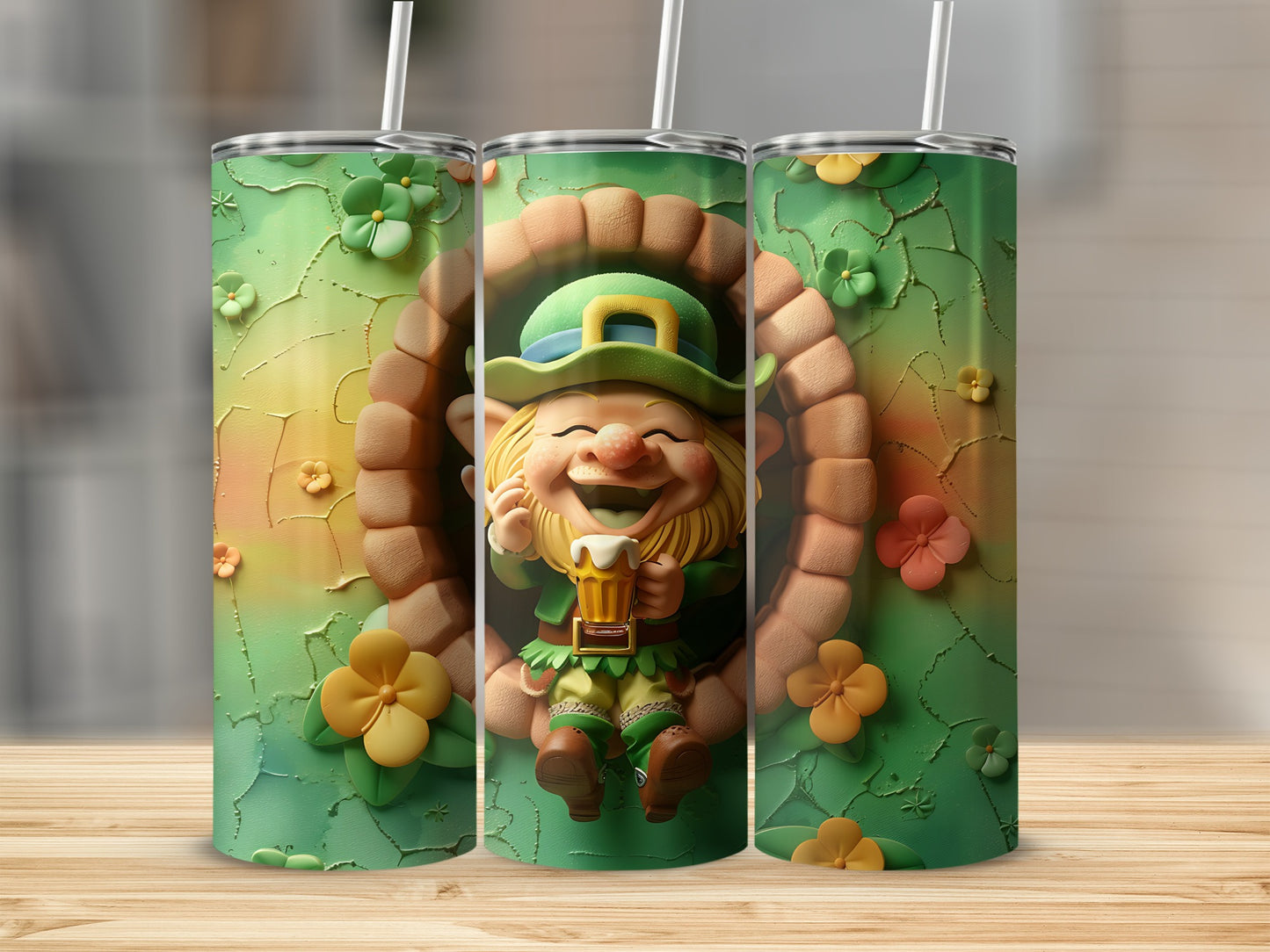 Leprechaun with beer mug sitting in shamrock archway on green tumbler.
