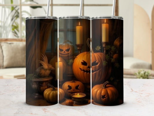 Tumblers with a Halloween scene of jack-o'-lanterns, candles, and a bird.