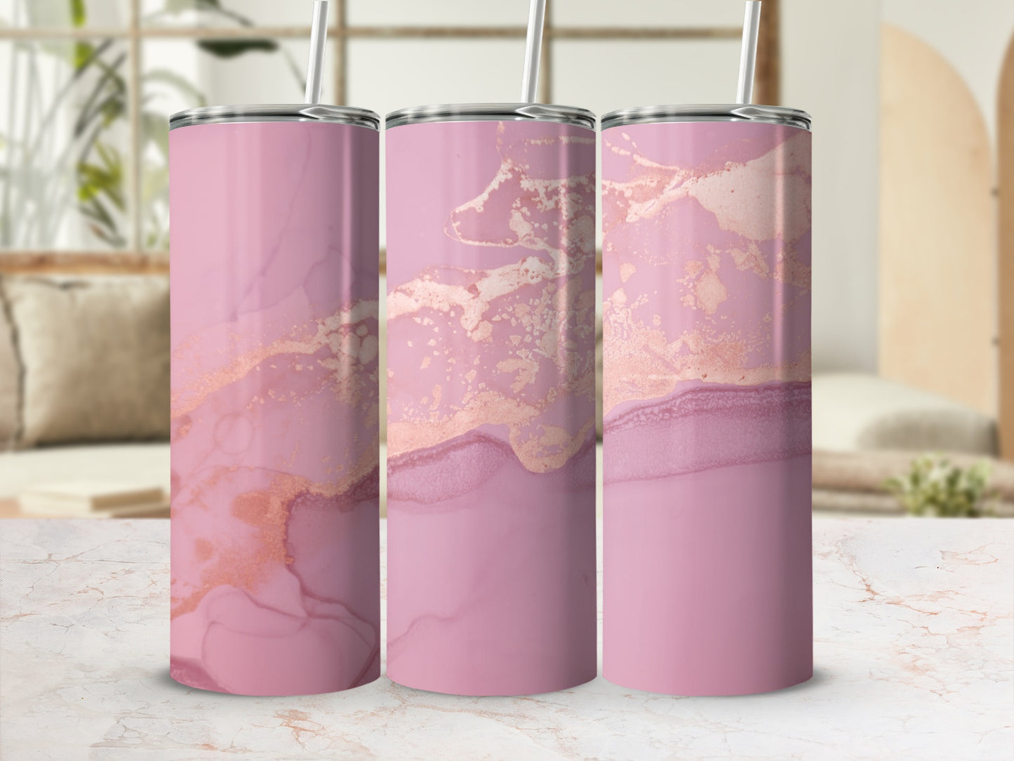 Three pink tumblers with rose gold abstract marble design.