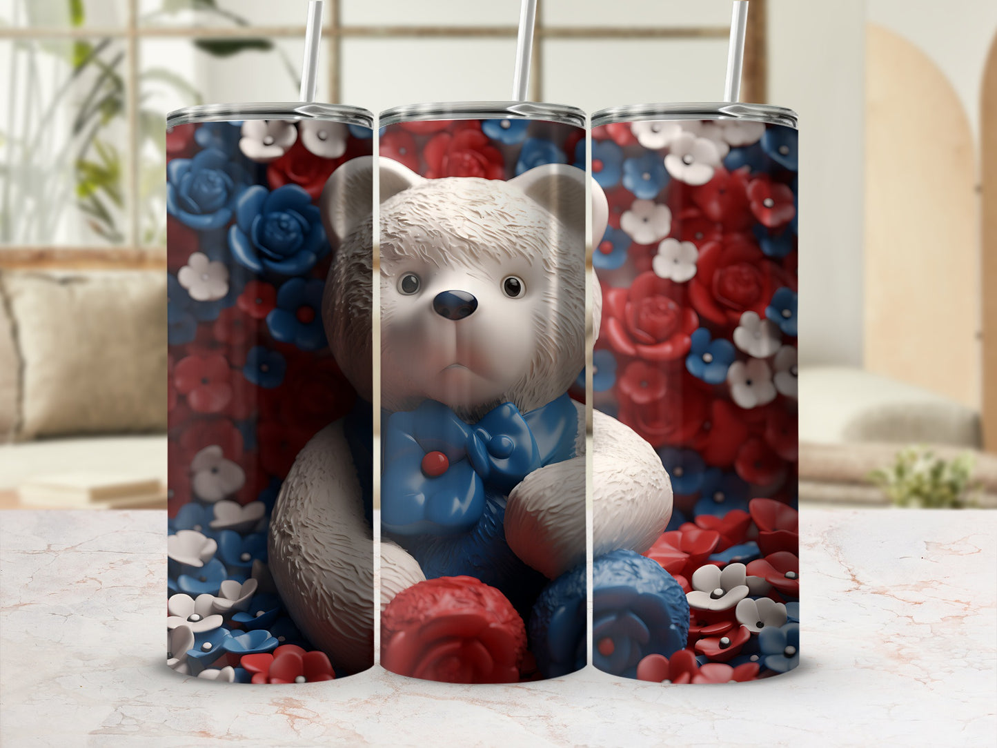 White teddy bear with red and blue flowers on a tumbler.