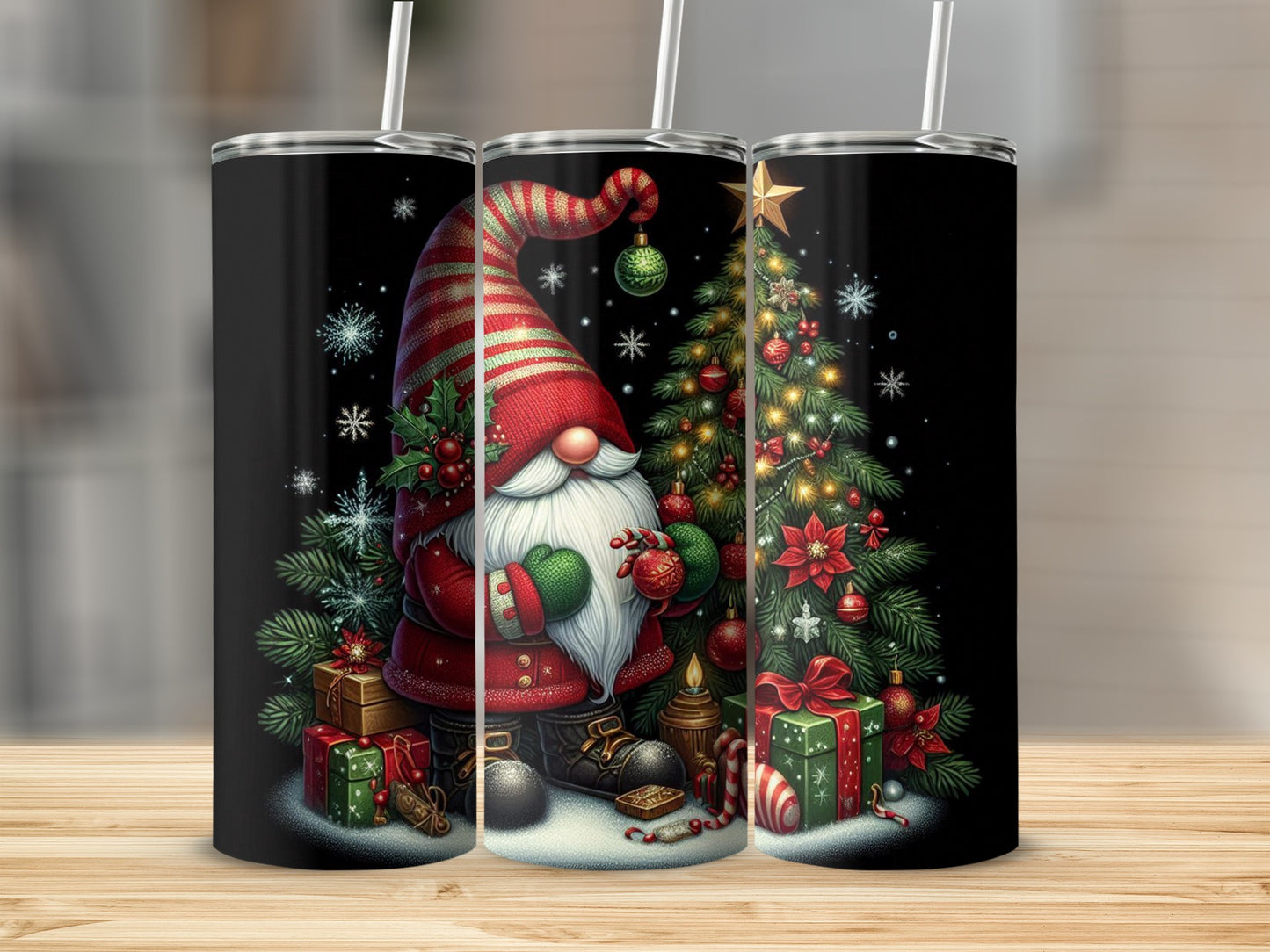 Christmas gnome with gifts and decorated tree on a black tumbler.