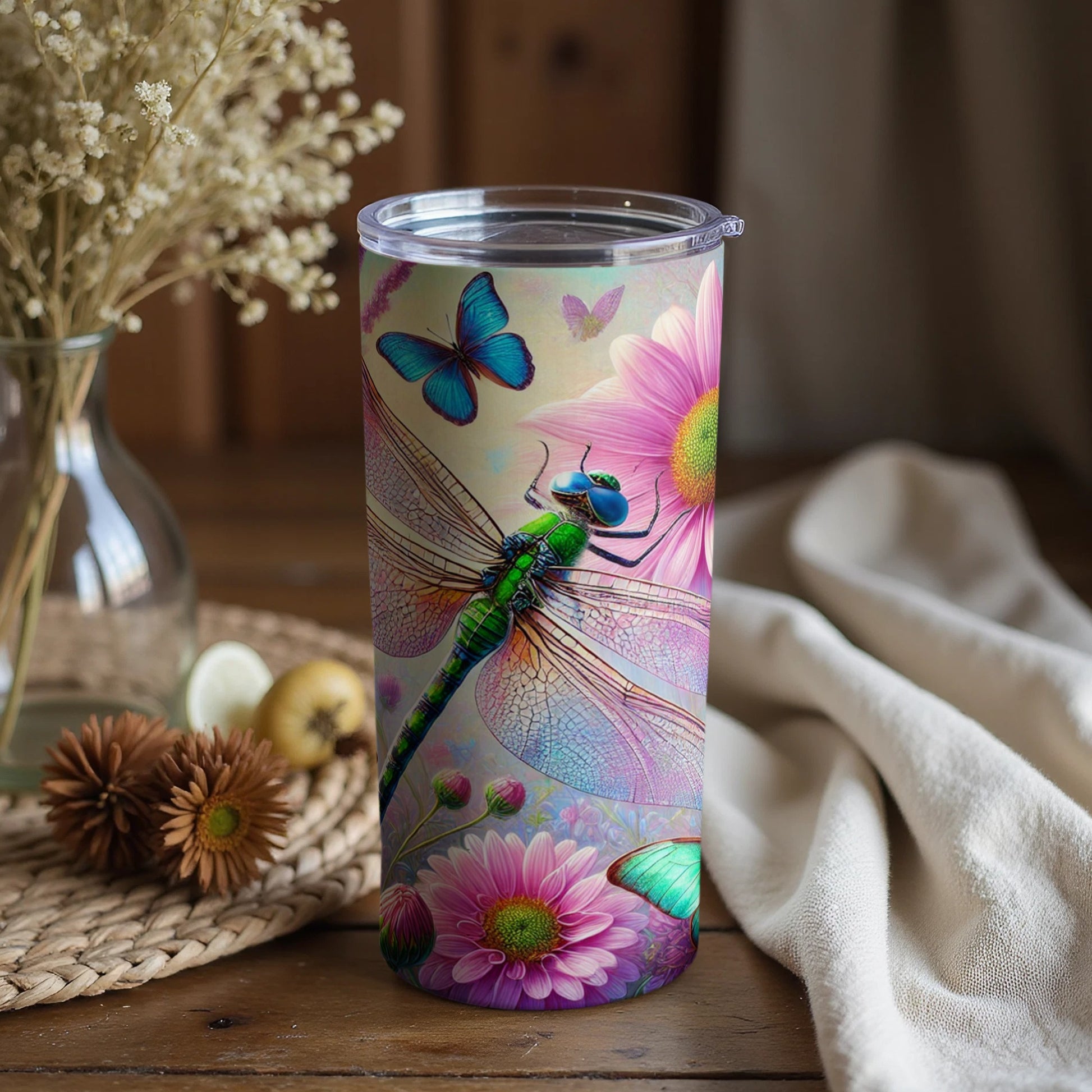 Magical Dragonfly and Pink Flowers Beverage Tumbler