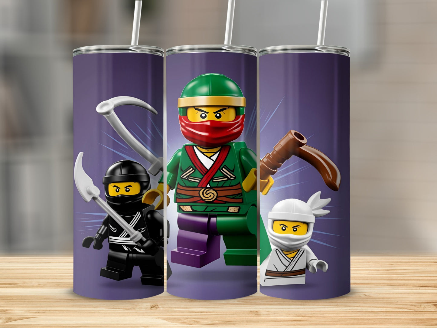 Three LEGO Ninjago characters in action poses on a purple background.
