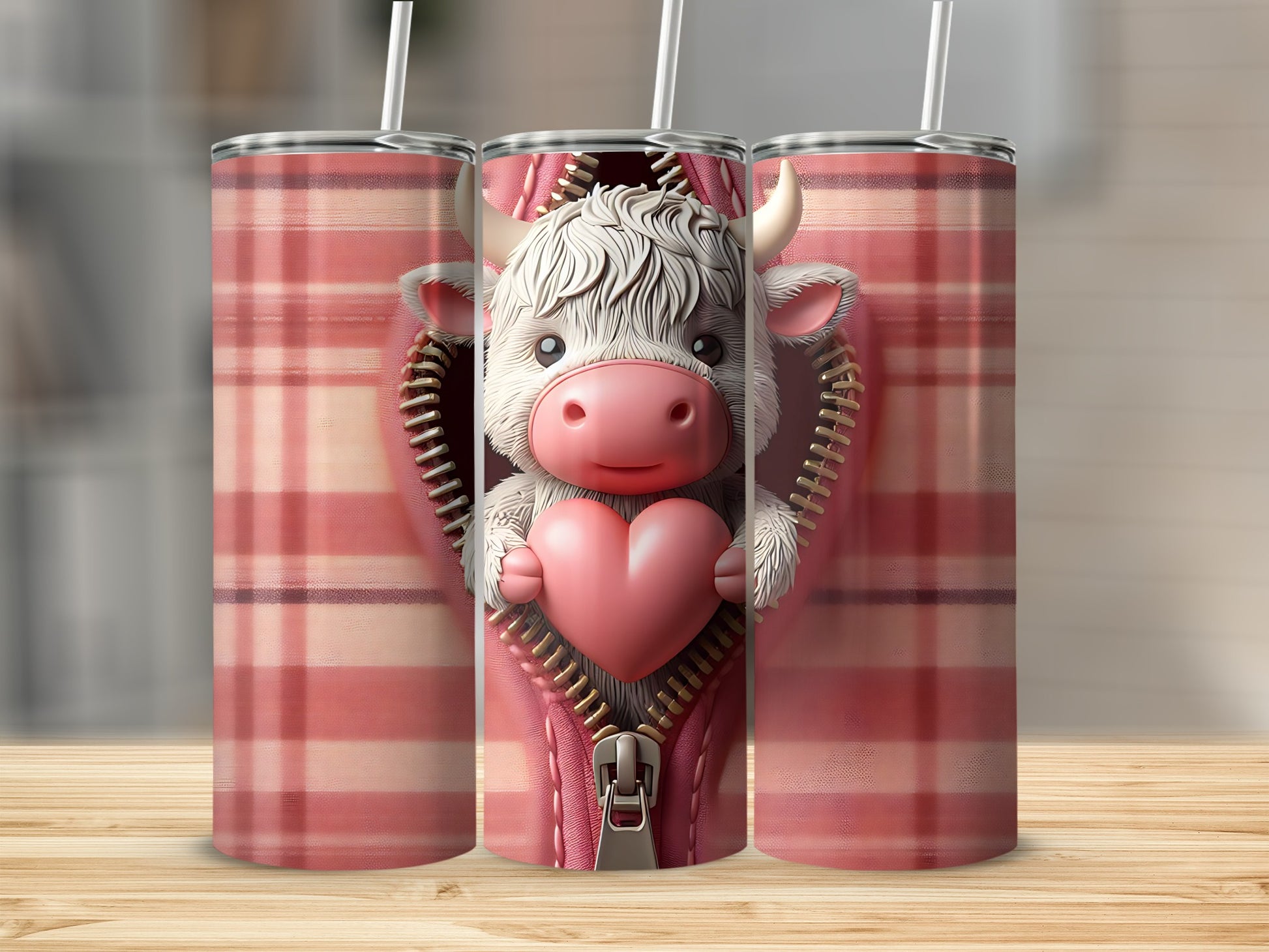 Cute cow holding a heart, wrapped in a plaid zipper.