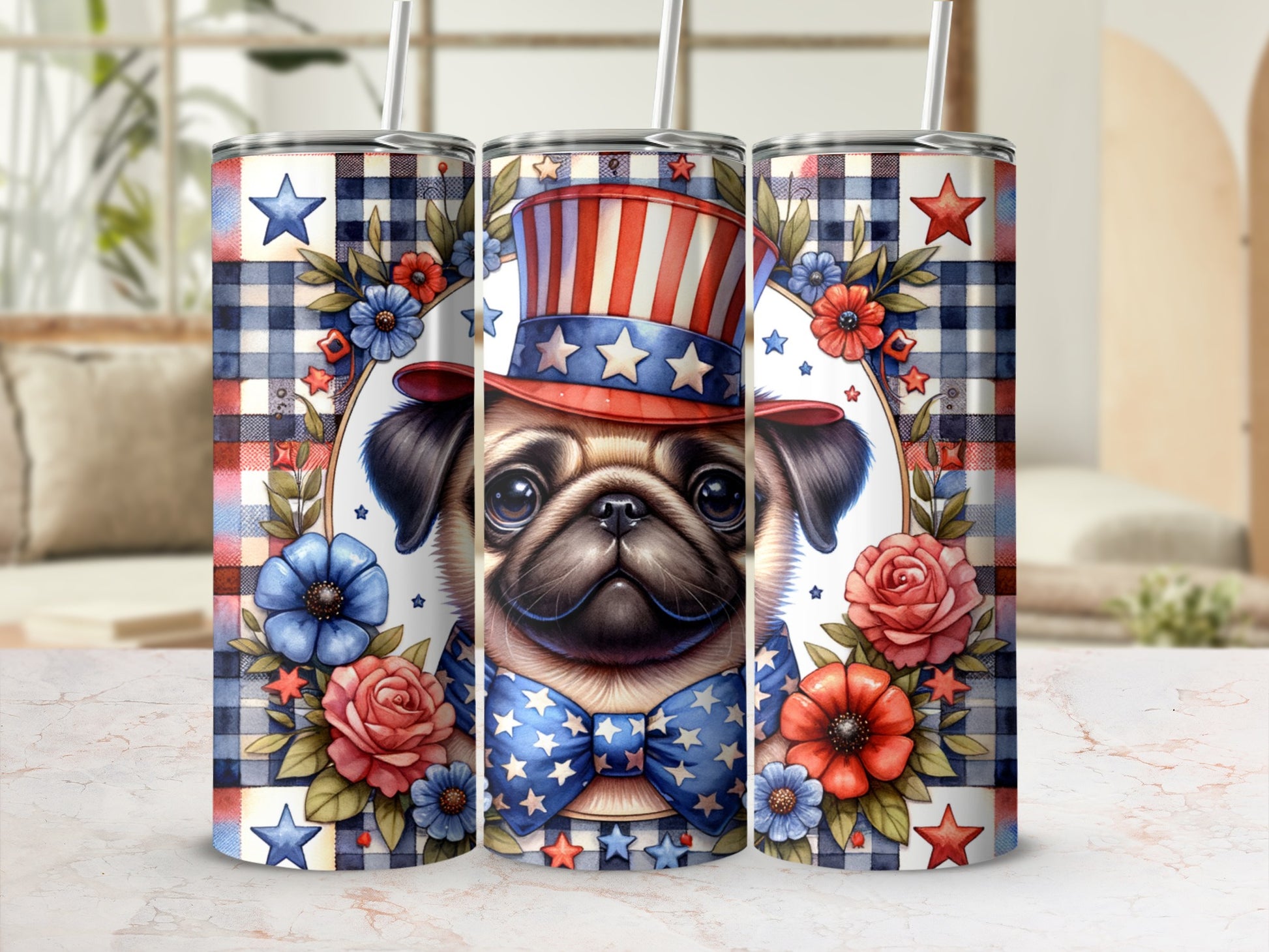 Patriotic pug in Uncle Sam hat on checkered background with floral accents.