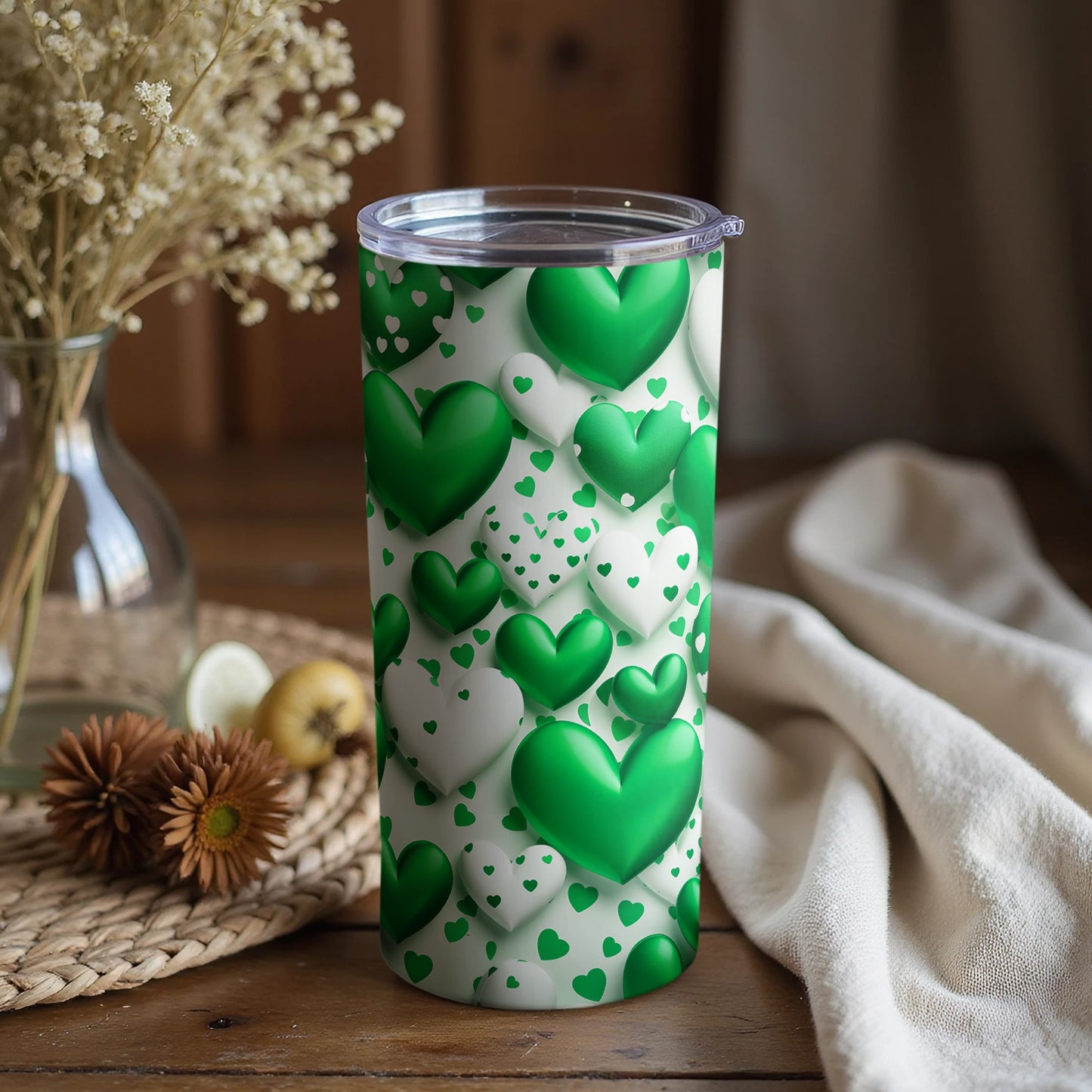 Green and White Hearts Patterned Tumbler Cup
