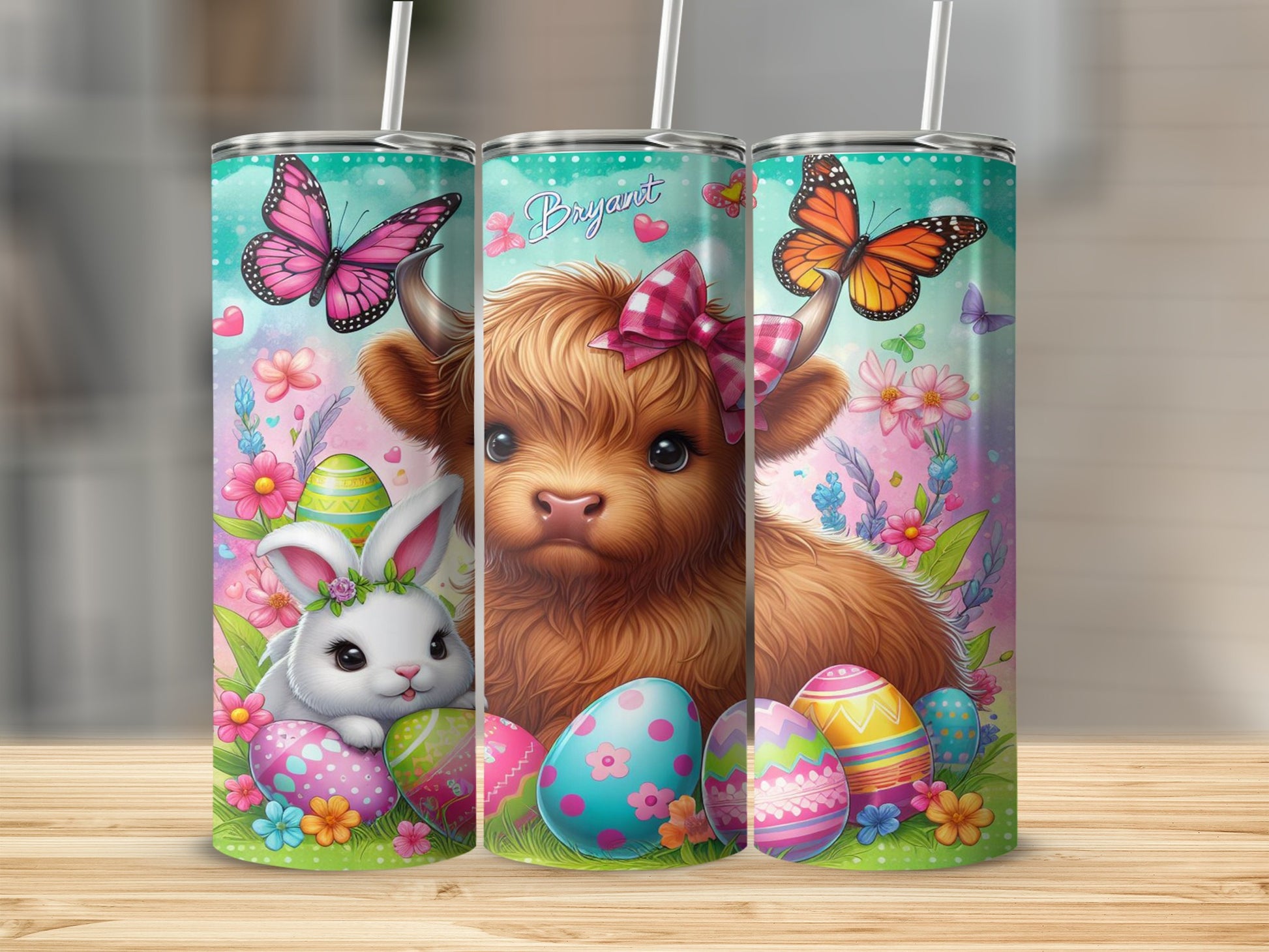 Highland cow and Easter bunny with colorful eggs and butterflies.