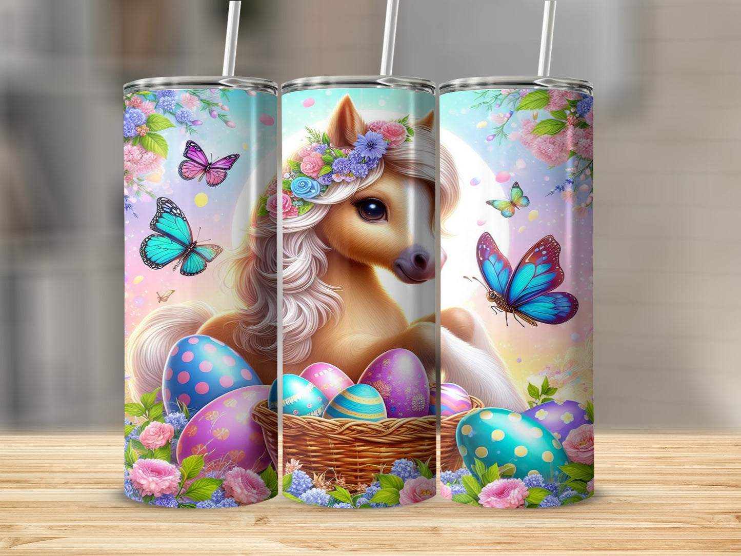 Three Easter-themed tumblers with horses, butterflies, and decorated eggs.