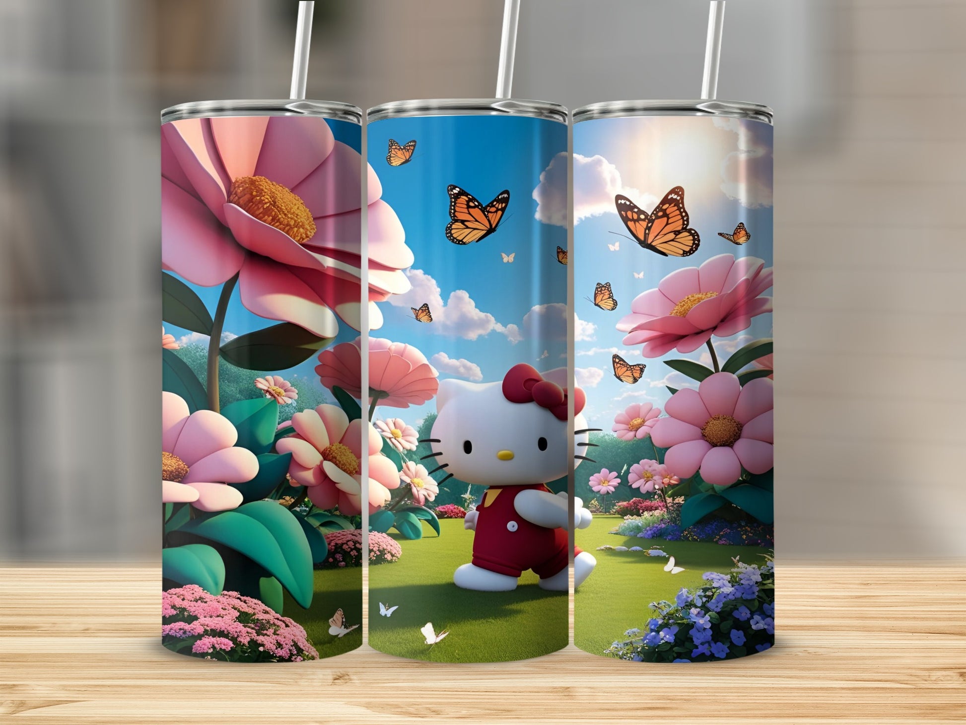 Hello Kitty walking in a field of large flowers with butterflies.