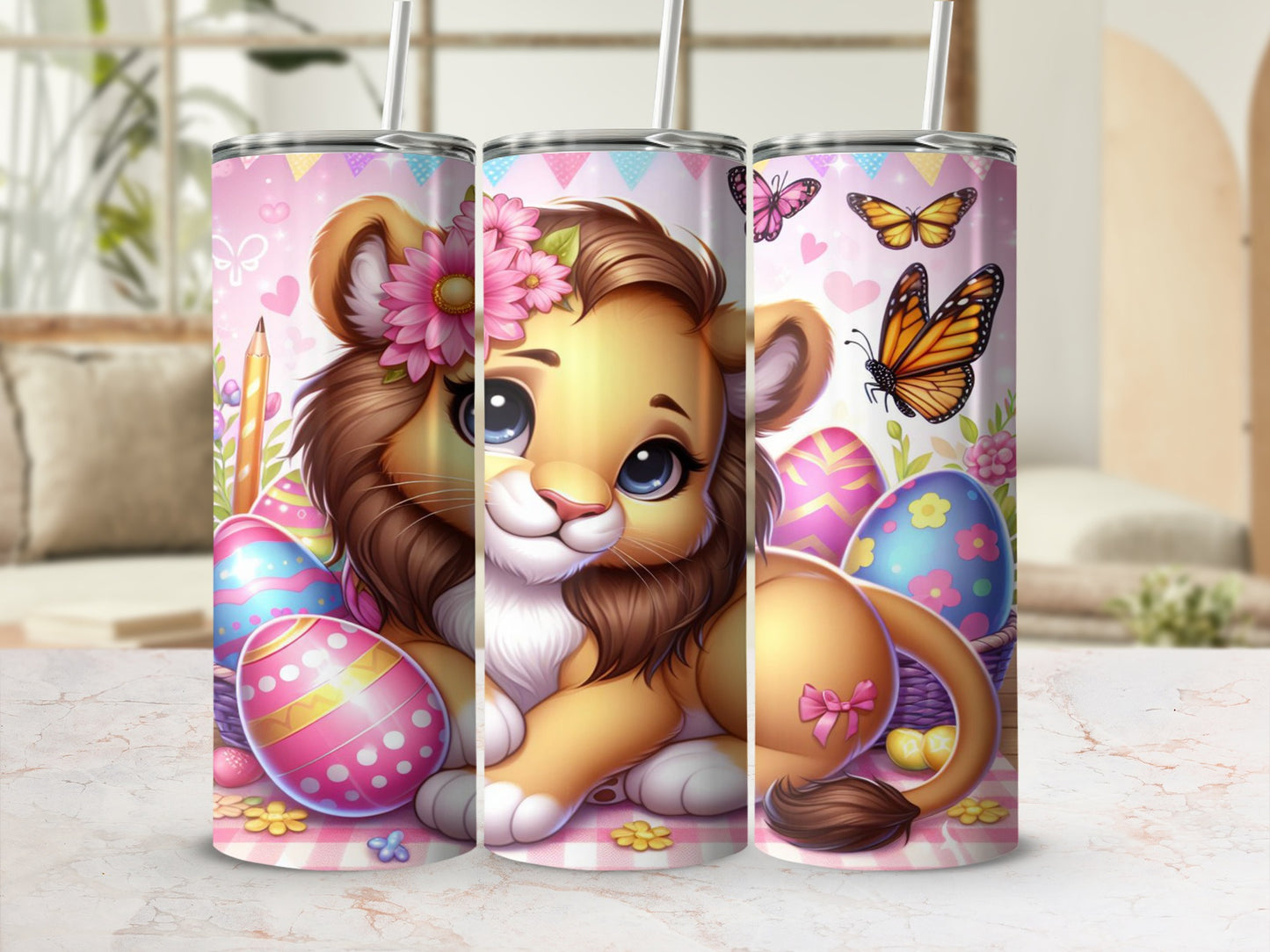 Cute lion cub with Easter eggs and butterflies.