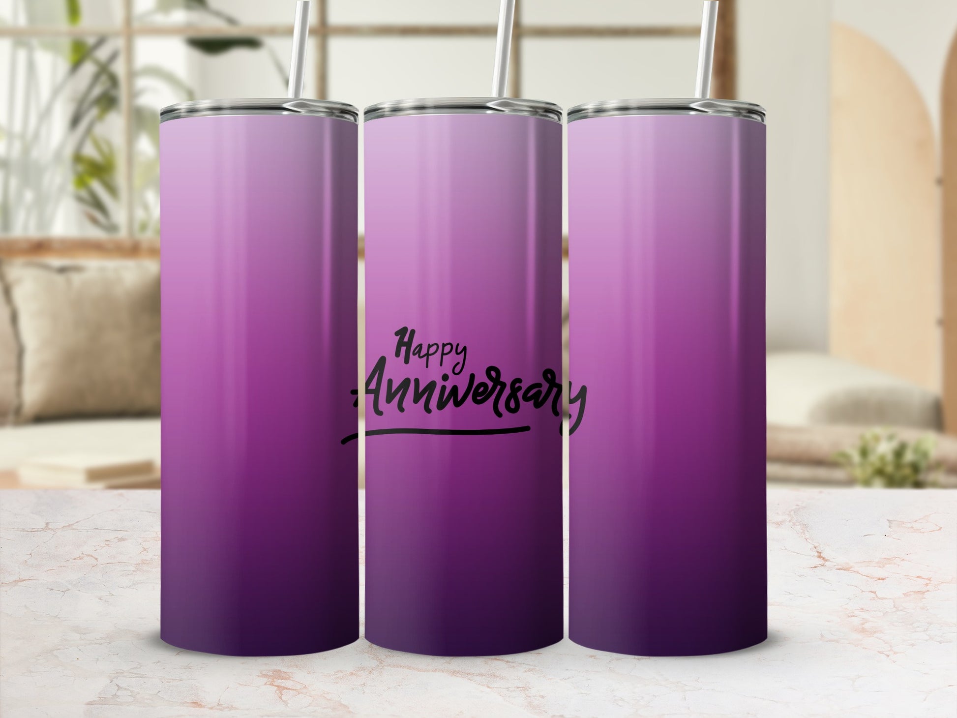 Three tumblers with a gradient purple design and "Happy Anniversary" text.