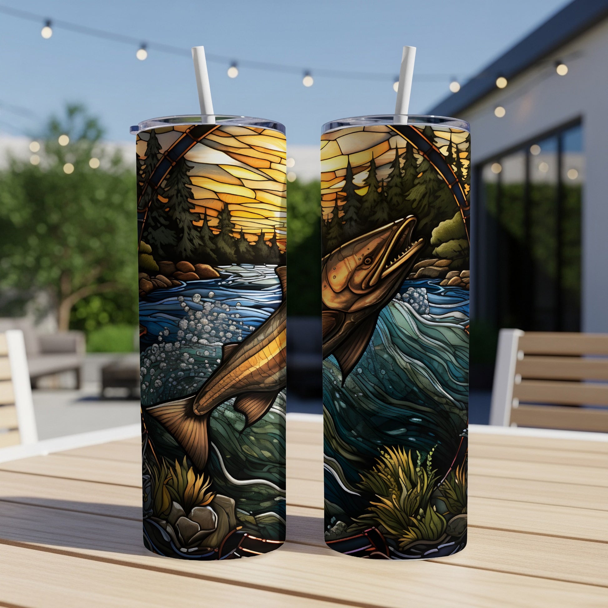 Salmon leaping from water with forest and sunset background on two tumblers.