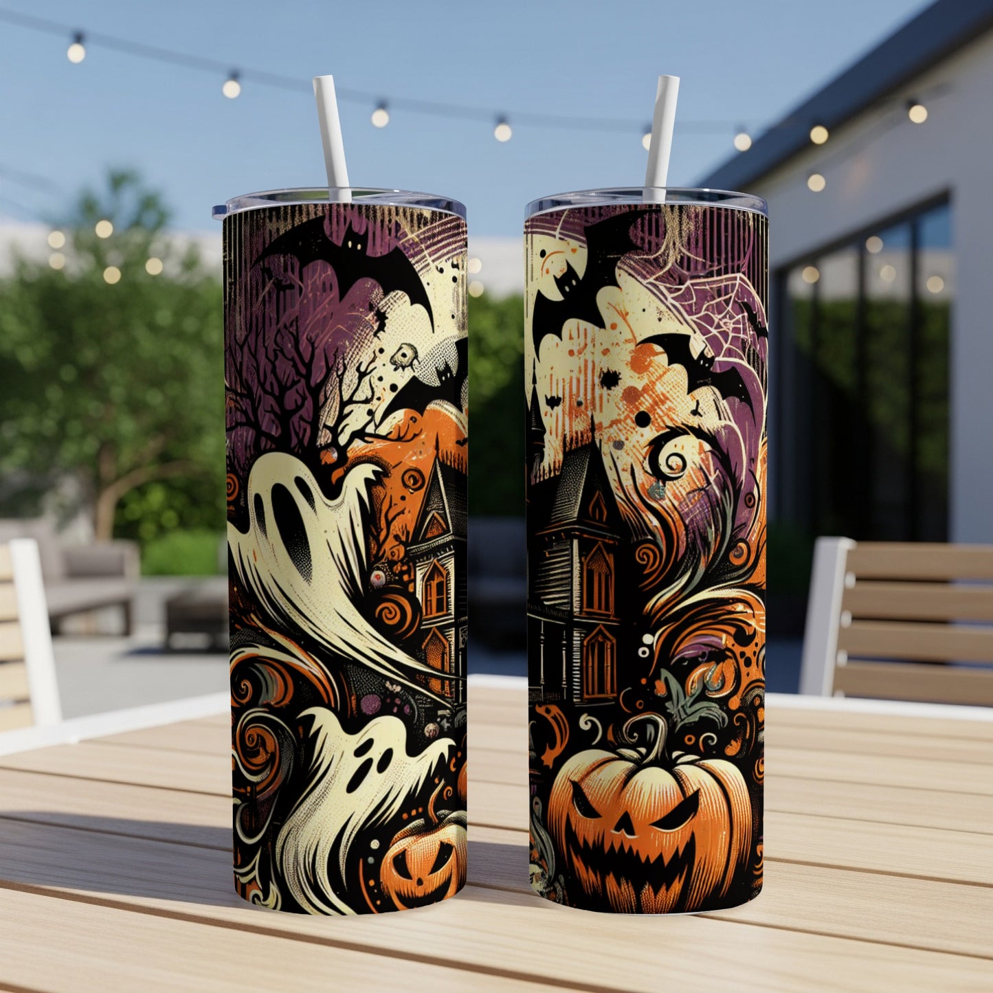 Two tumblers with spooky Halloween designs featuring ghosts, bats, pumpkins, and haunted houses.