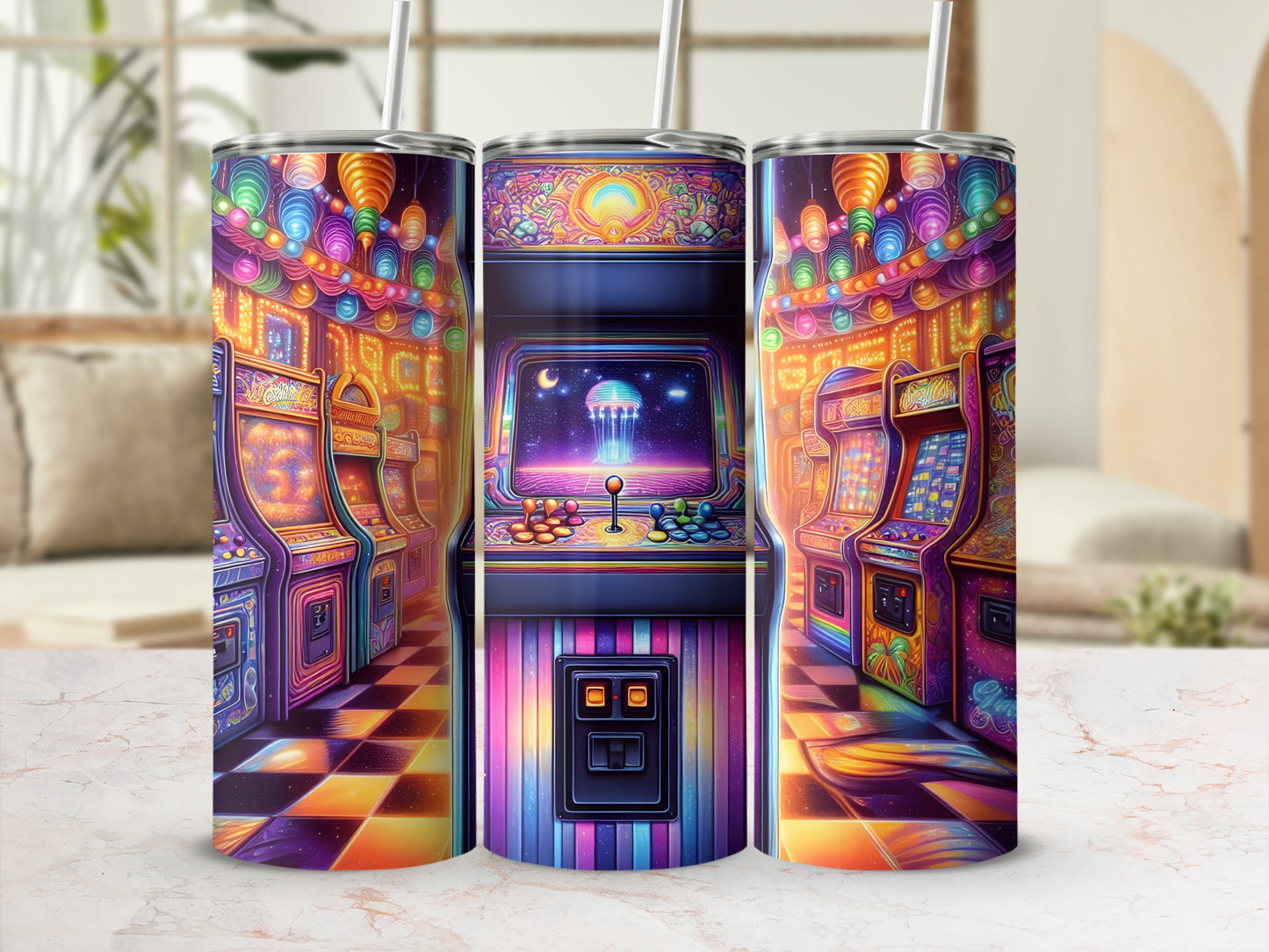 Three colorful tumblers featuring arcade game scenes with colorful lights.