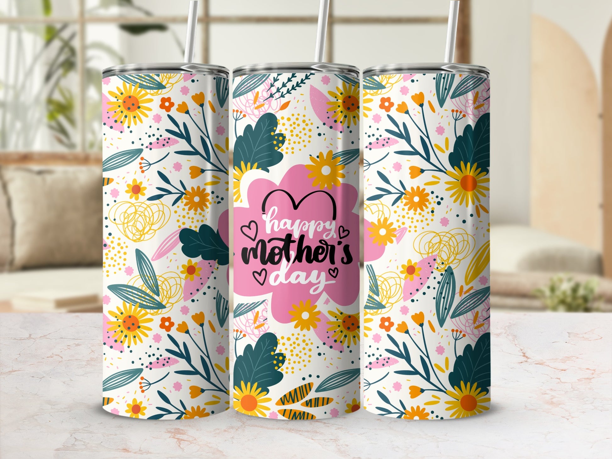 Floral Happy Mother's Day Drink Tumbler with Straw