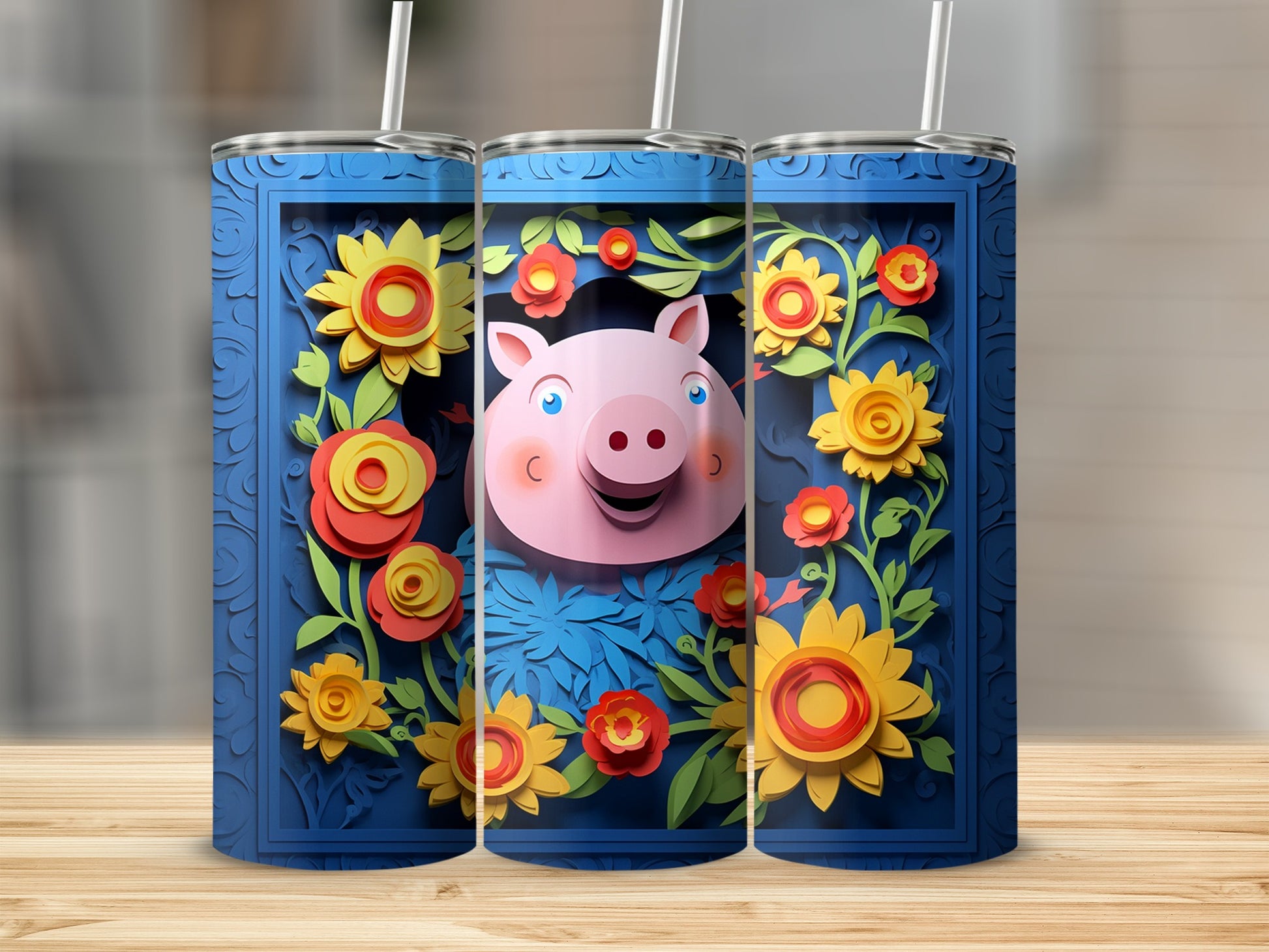 Cute Pig and Flowers Artistic Tumbler Drinkware