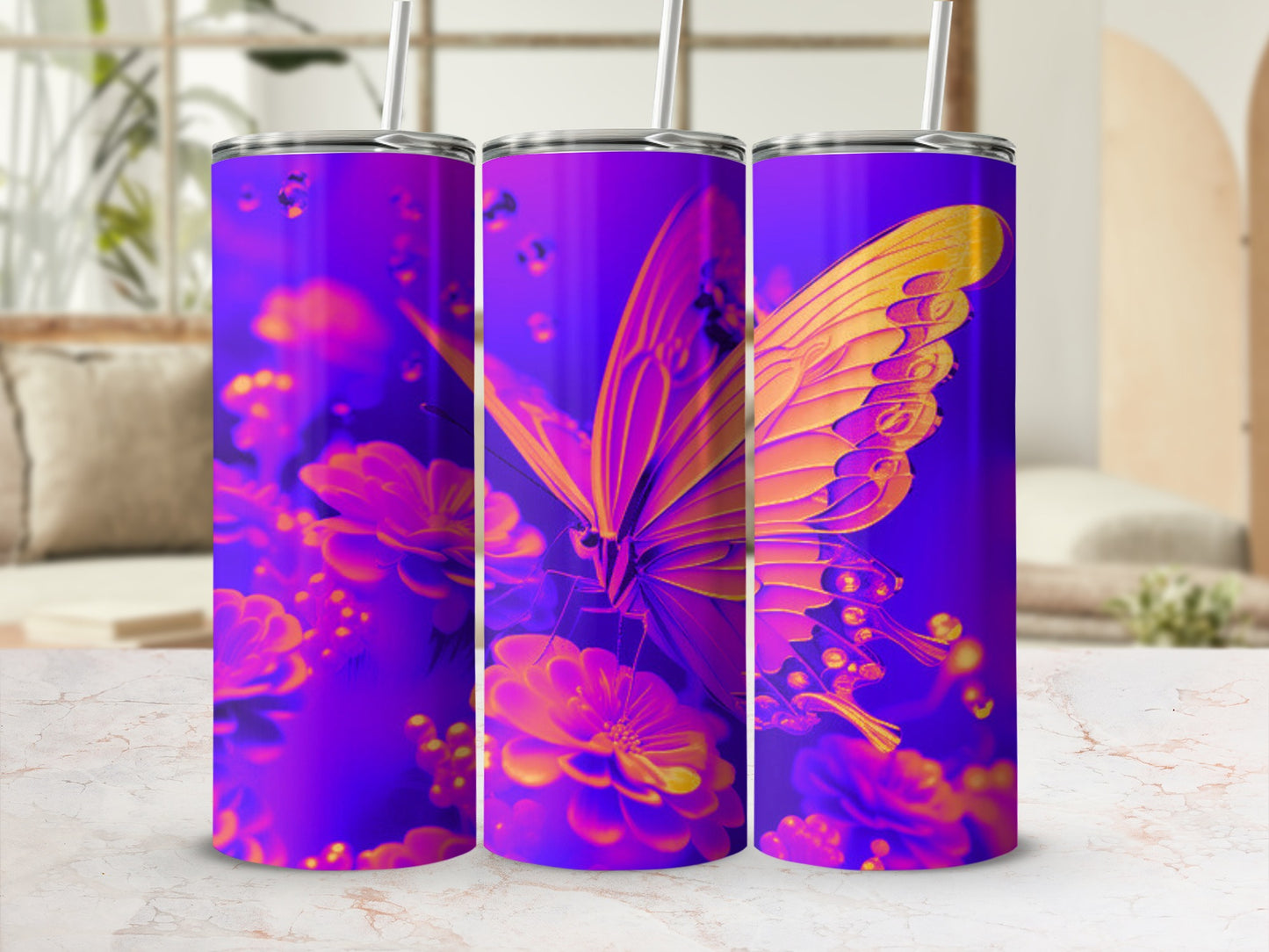 Purple tumbler with a glowing butterfly and floral design.