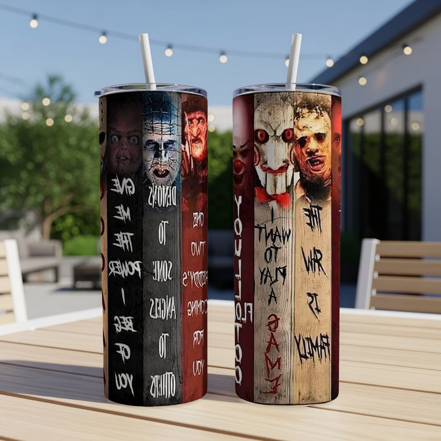 Two tumblers with horror movie characters and quotes on wood grain backgrounds.