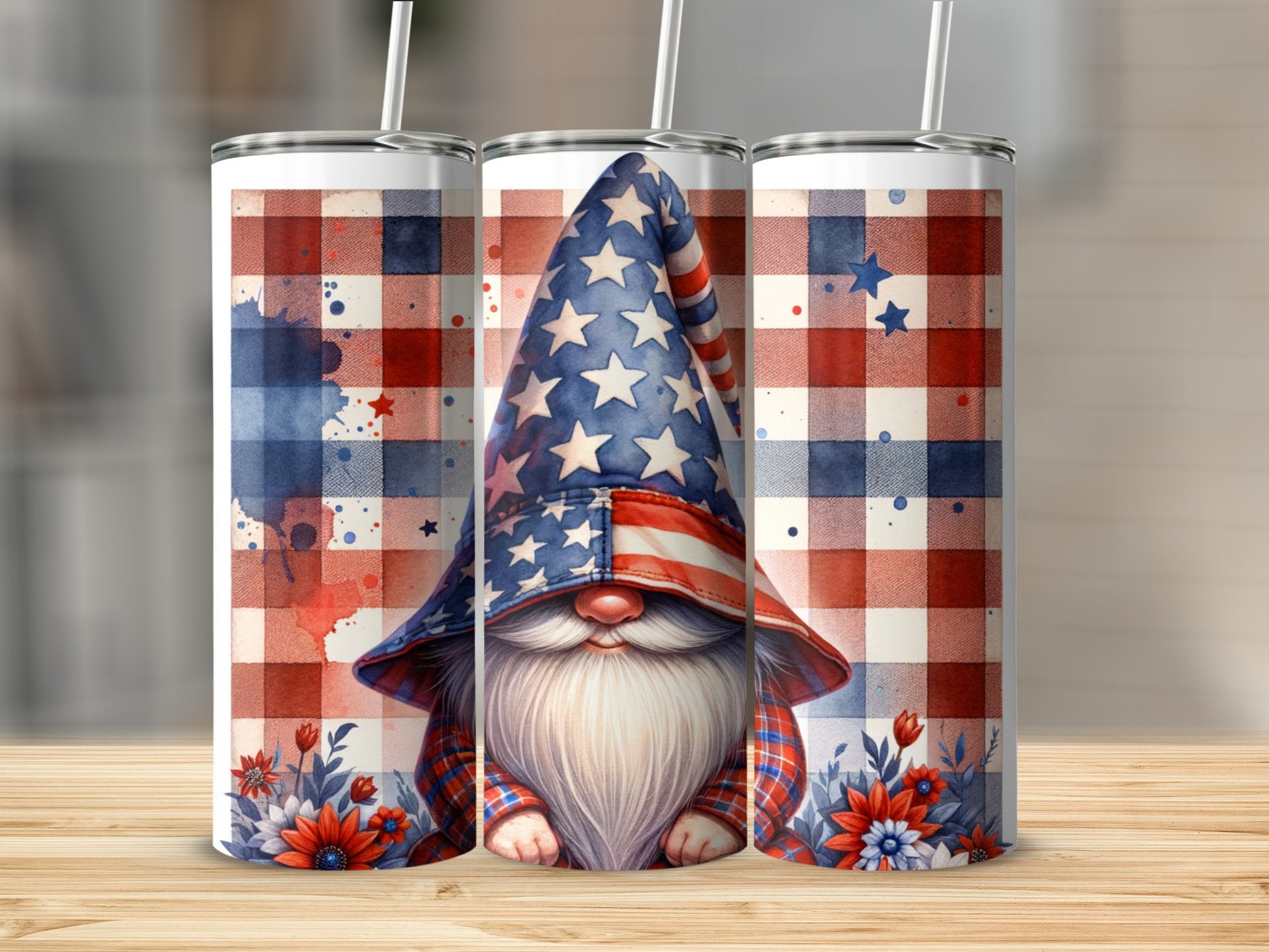 Gnome with patriotic hat and red, white, and blue plaid background.