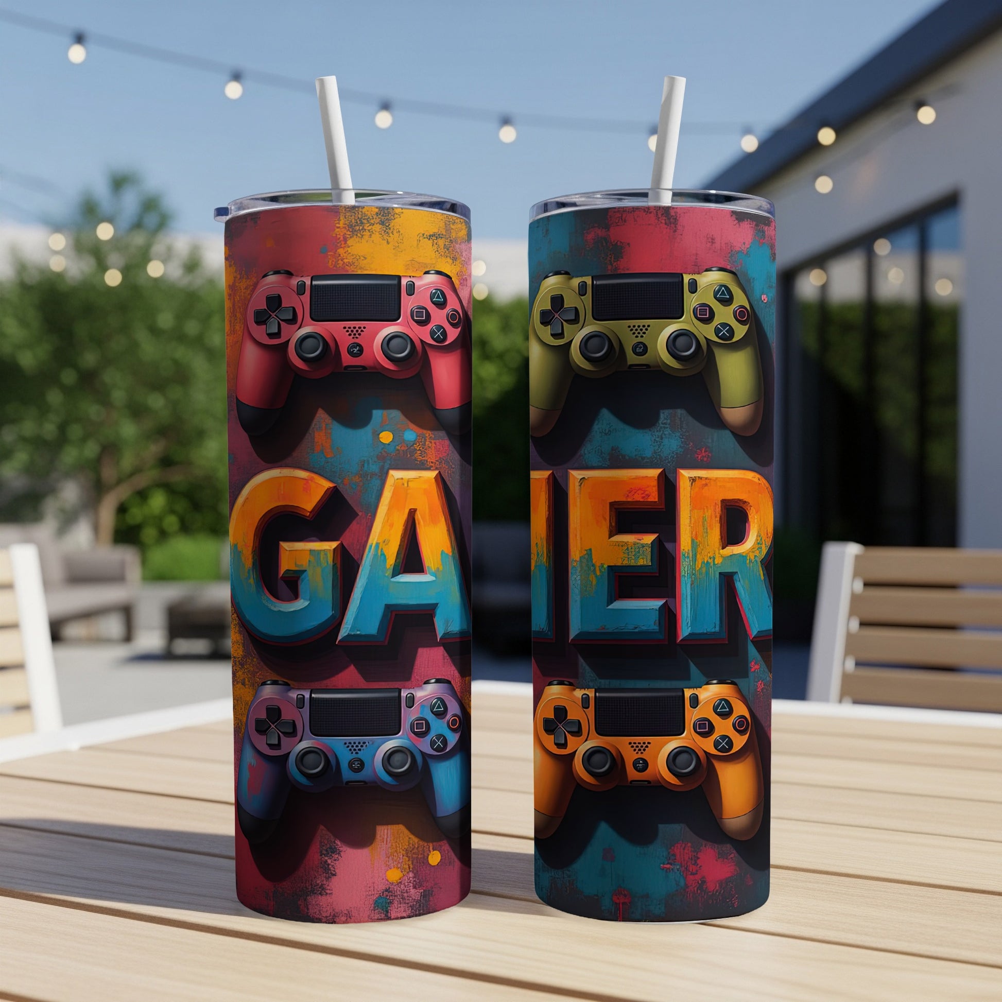 Two tumblers with "GAIER" in bold, colorful letters and game controllers.