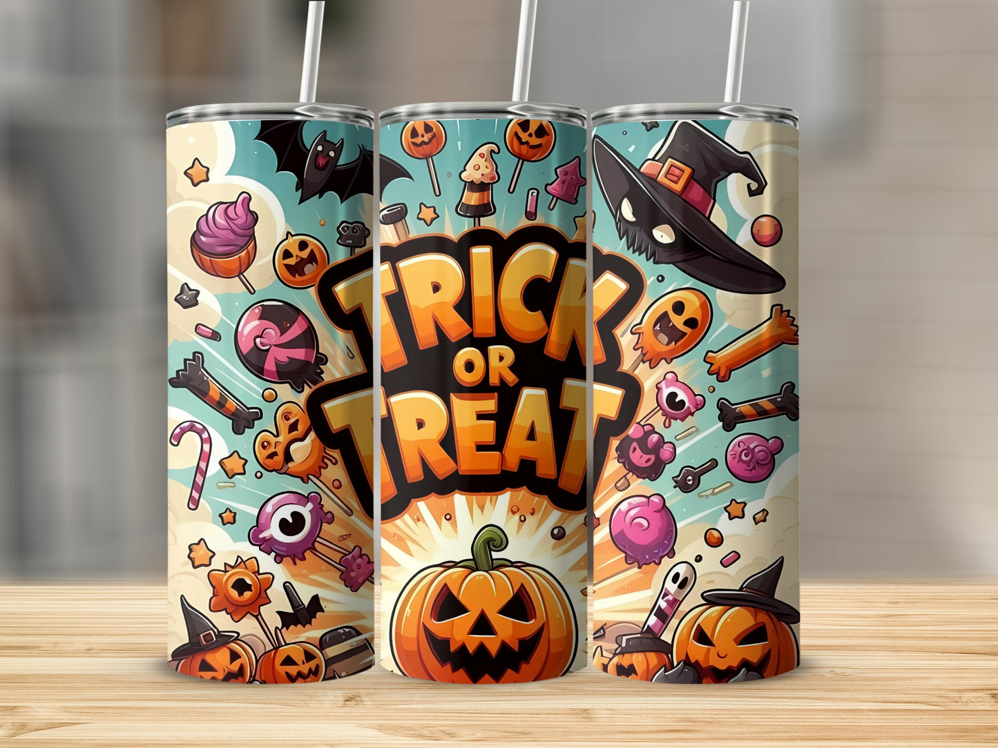 Three tumblers with a "Trick or Treat" Halloween design featuring pumpkins, bats, and candy.