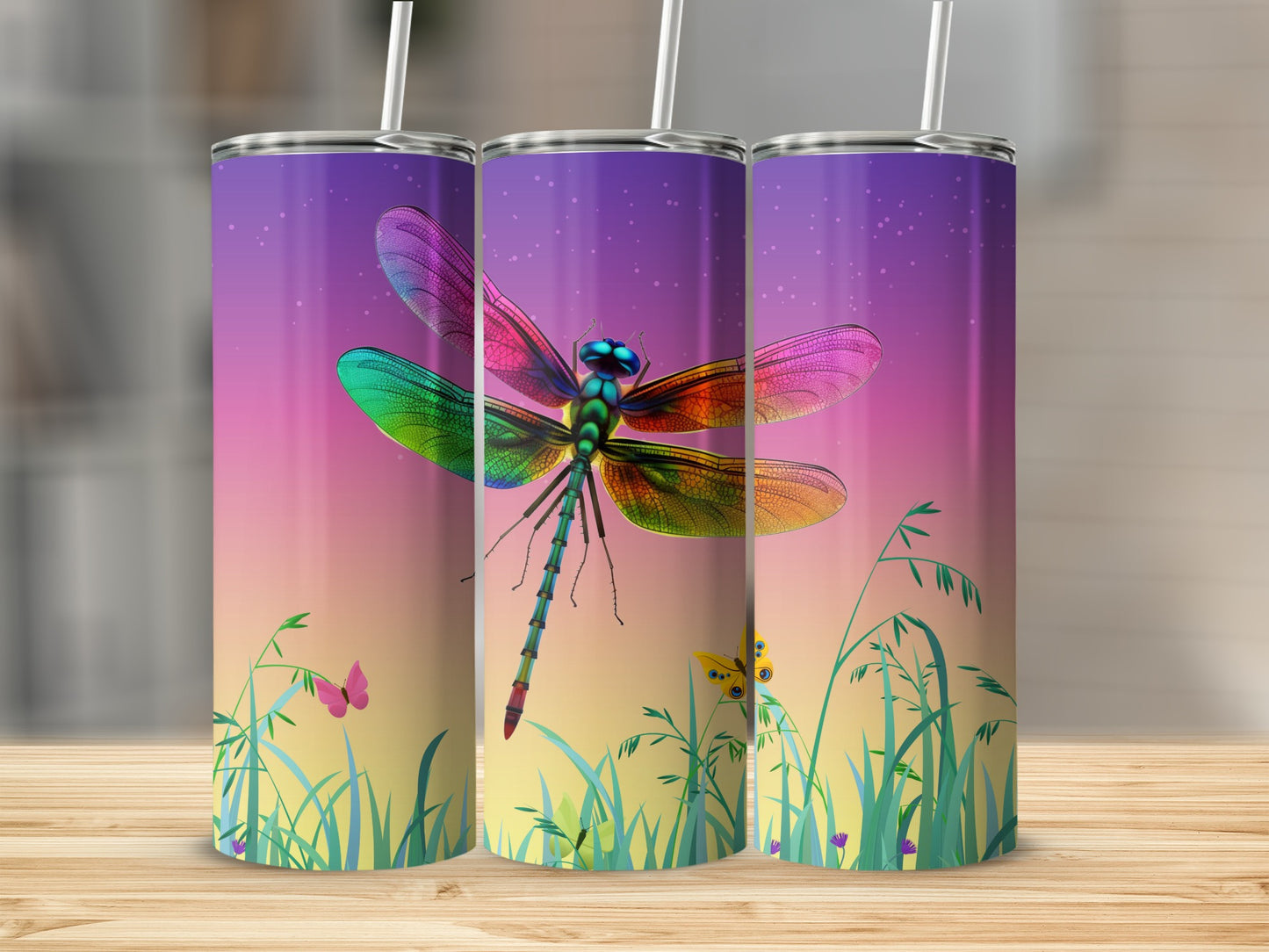 Colorful Dragonfly and Butterfly Skinny Tumbler Cup