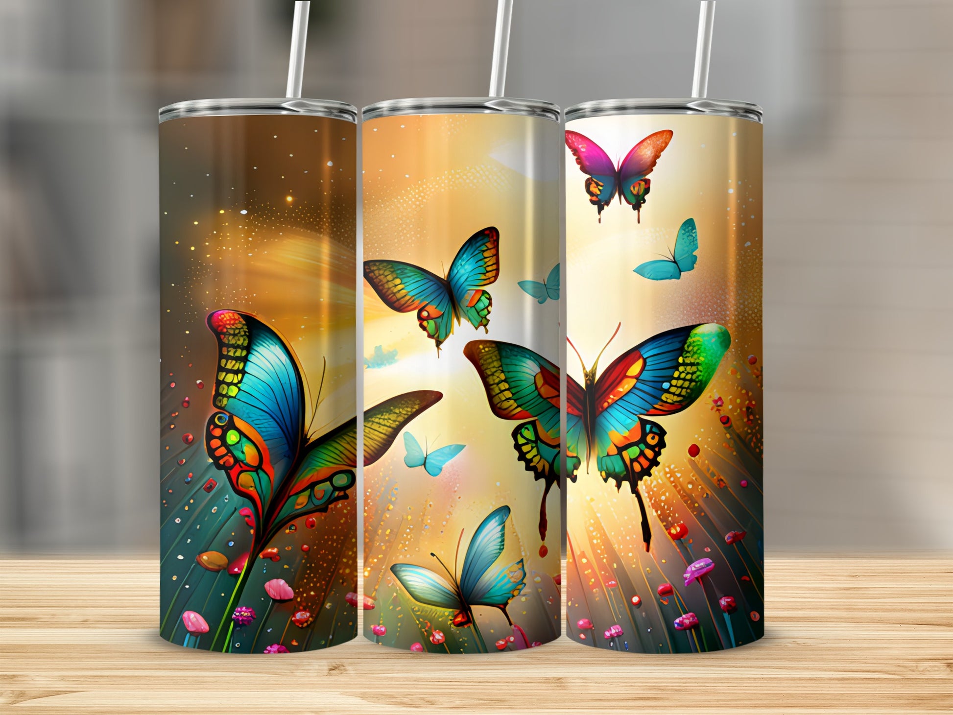 Three tumblers with colorful butterflies and floral designs.