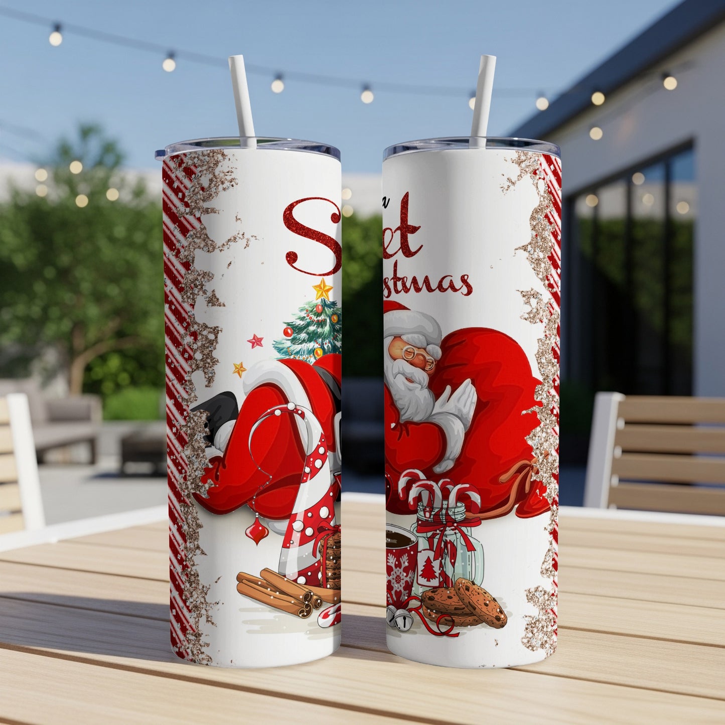 Santa Claus napping with candy canes, coffee, and cookies on a Christmas-themed tumbler.