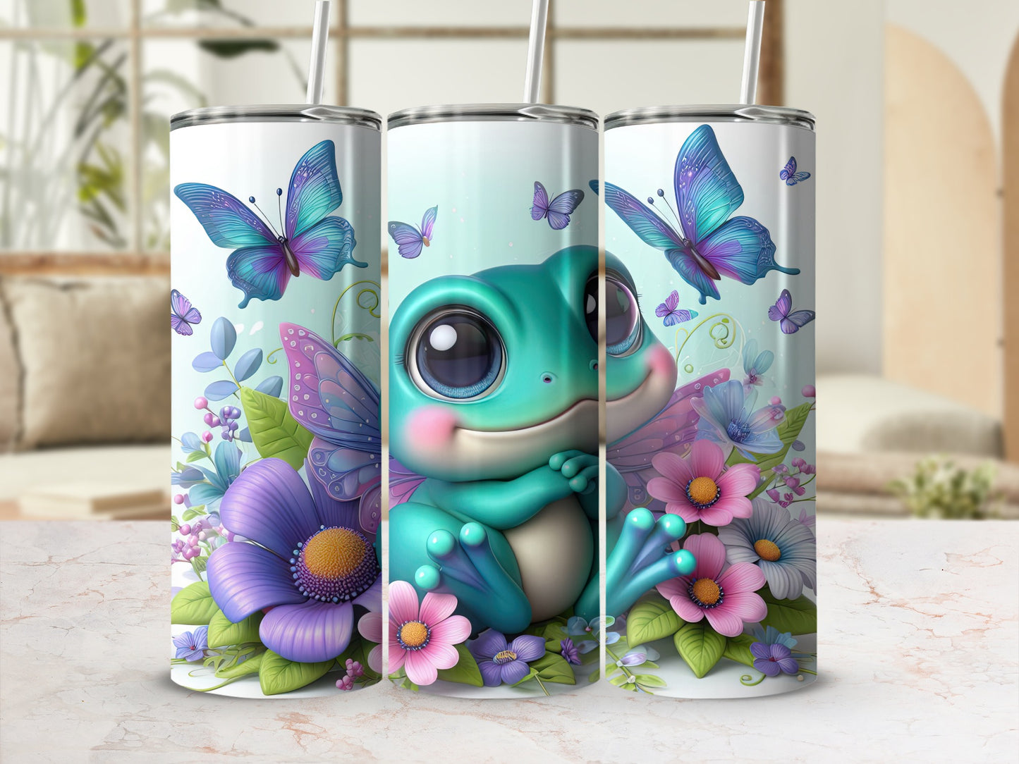 Cute Frog and Butterfly Floral Art Insulated Tumbler
